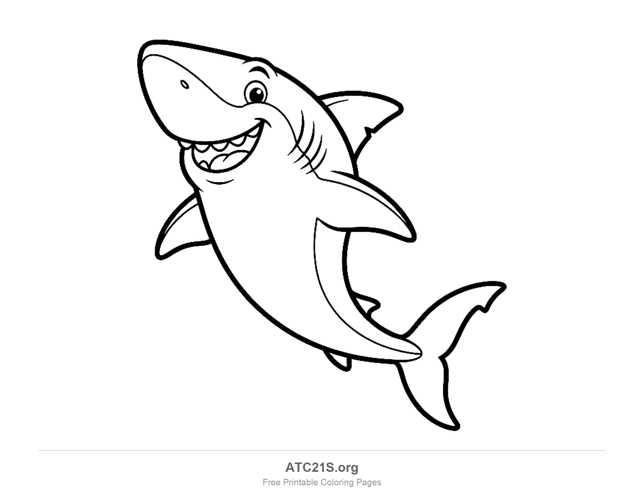 Cute cartoon shark leaping upward with a big smile and visible teeth, printable coloring page