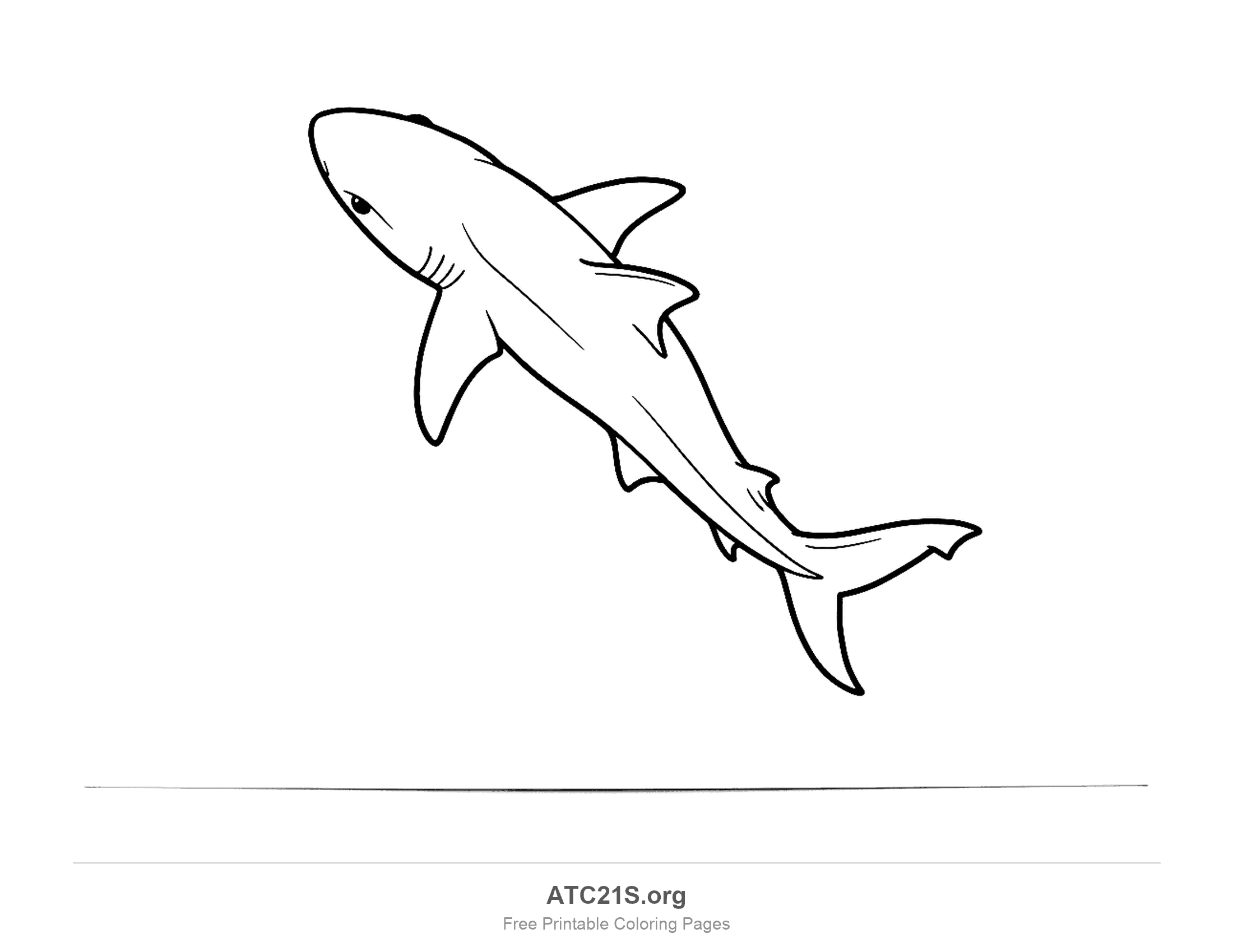 Simple shark swimming diagonally with clean outlines and a pointed snout, easy coloring page for kids