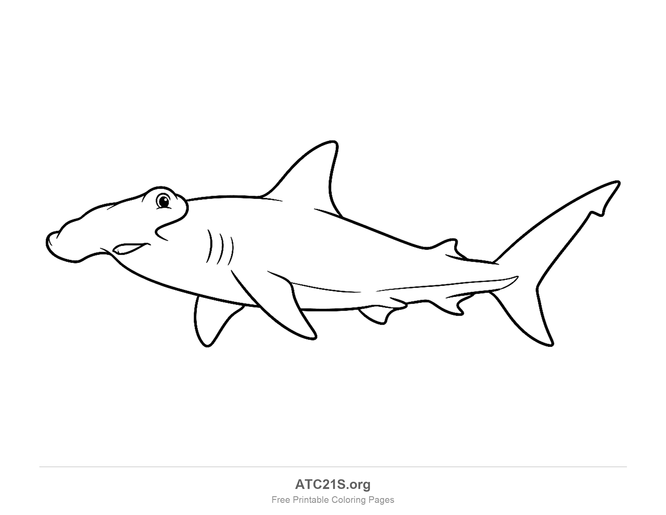 Hammerhead shark swimming in profile with a wide flat head, gill slits and a tall dorsal fin, coloring page to print