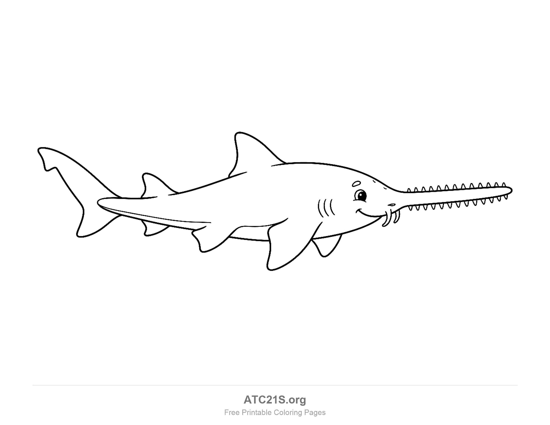 Sawshark swimming with a long saw-toothed snout, whisker-like barbels and a smiling face, coloring page for kids