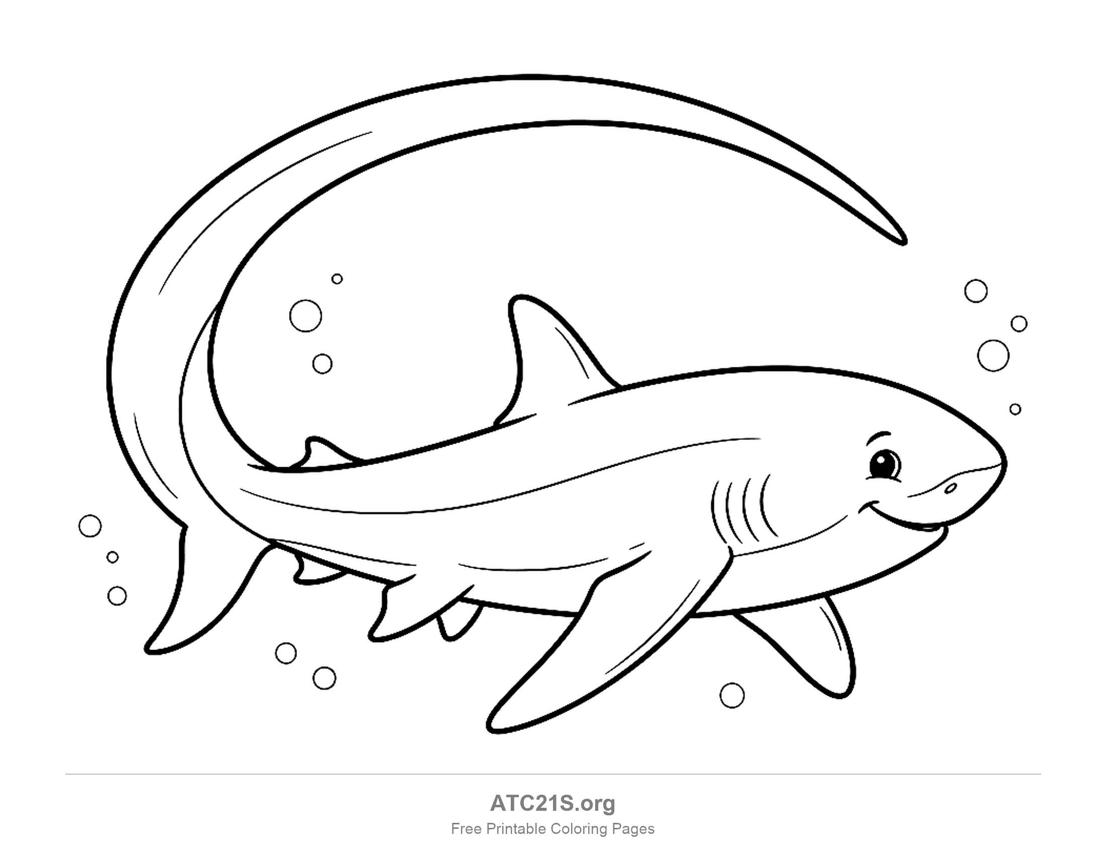 Thresher shark swimming with a huge curved tail looping over its back and bubbles around it, coloring page