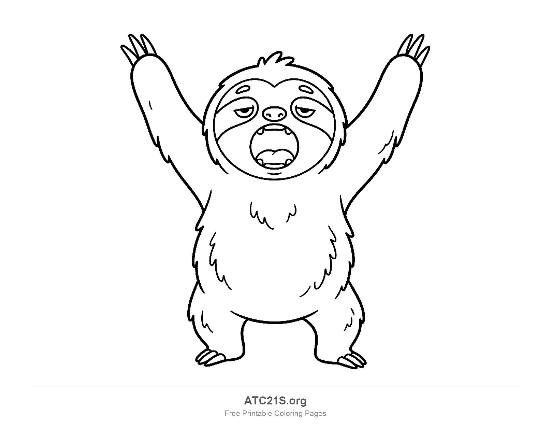 Cartoon sloth standing with both arms stretched high and its mouth wide open in a yawn, showing a tongue and sleepy half-closed eyes, simple coloring page for preschoolers