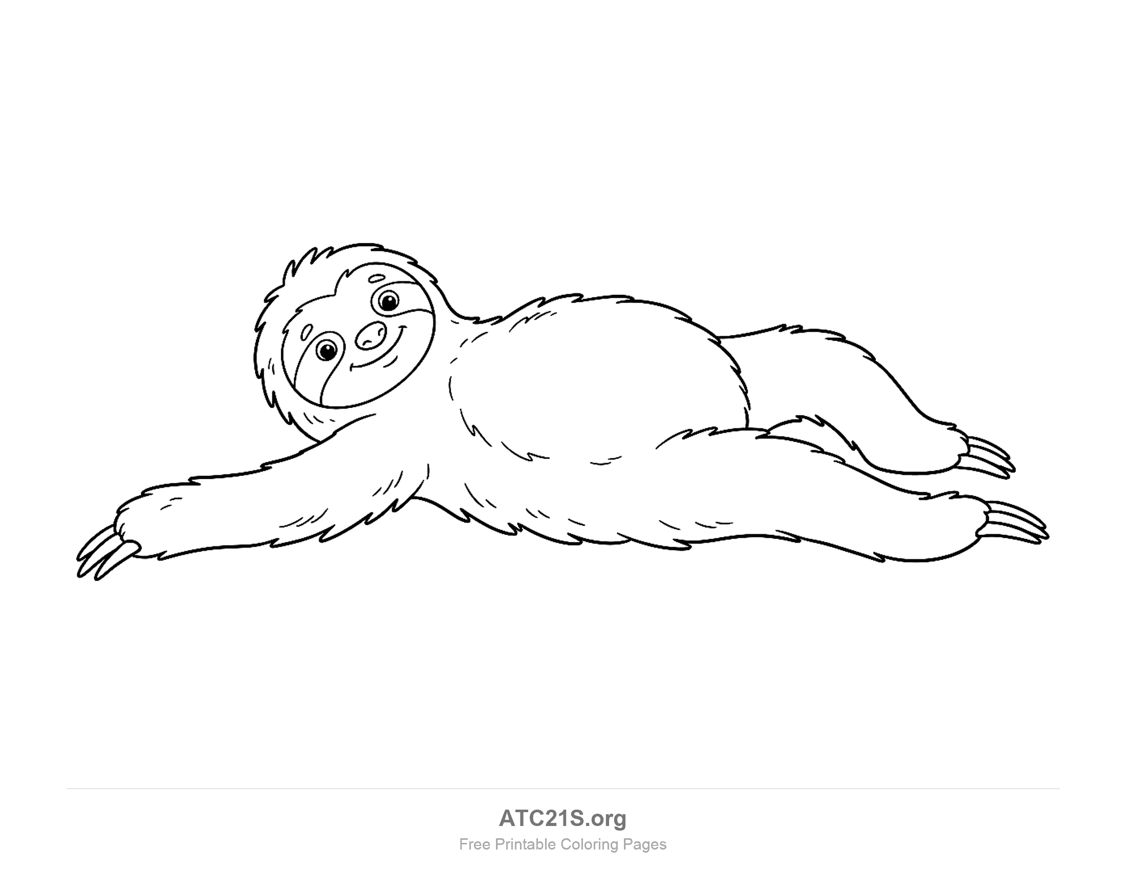 Smiling sloth lying on its back with one arm stretched out and long claws on its paws, printable coloring page