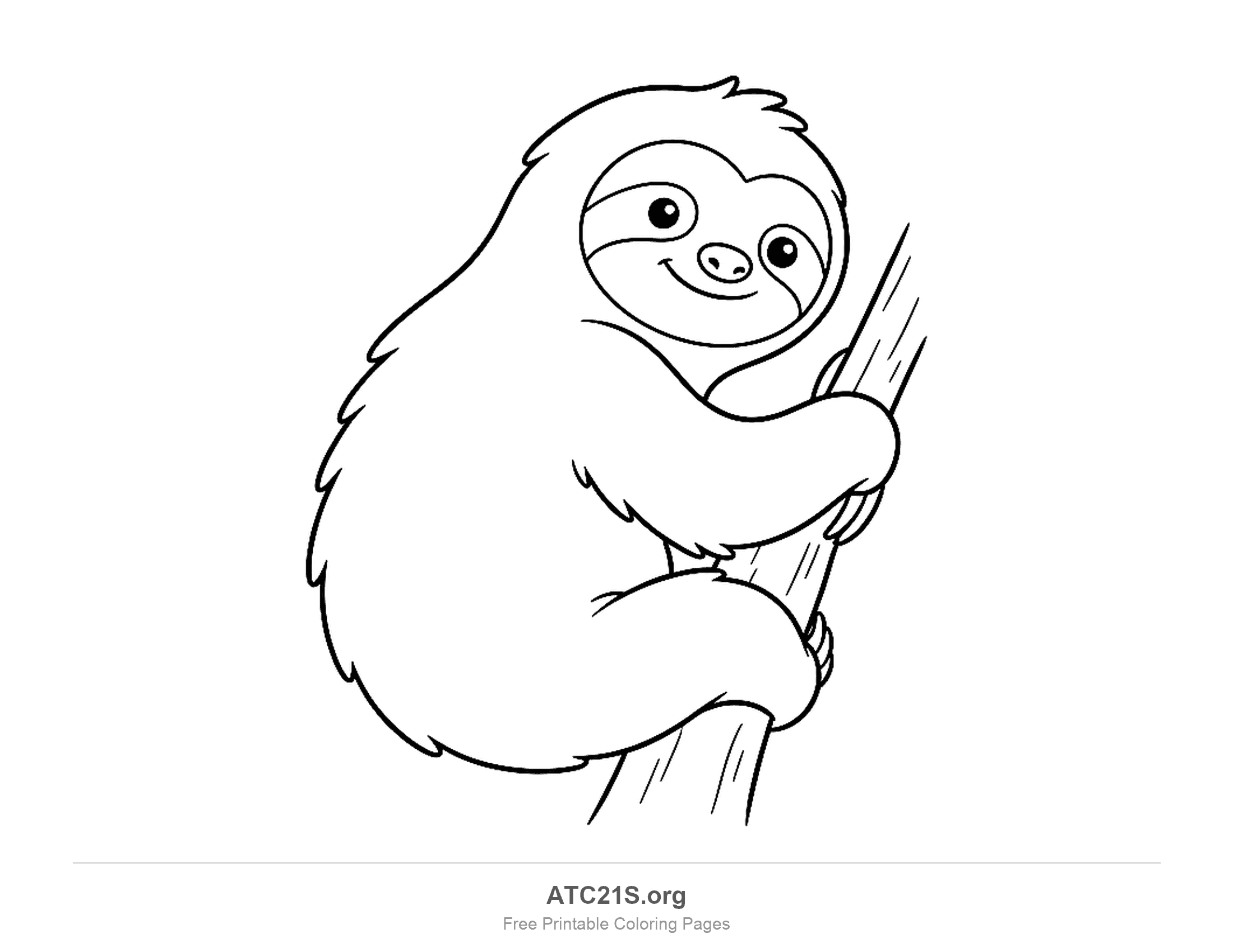 Cute sloth hanging onto a tree branch with both arms and a smile, looking at the viewer, coloring page to print