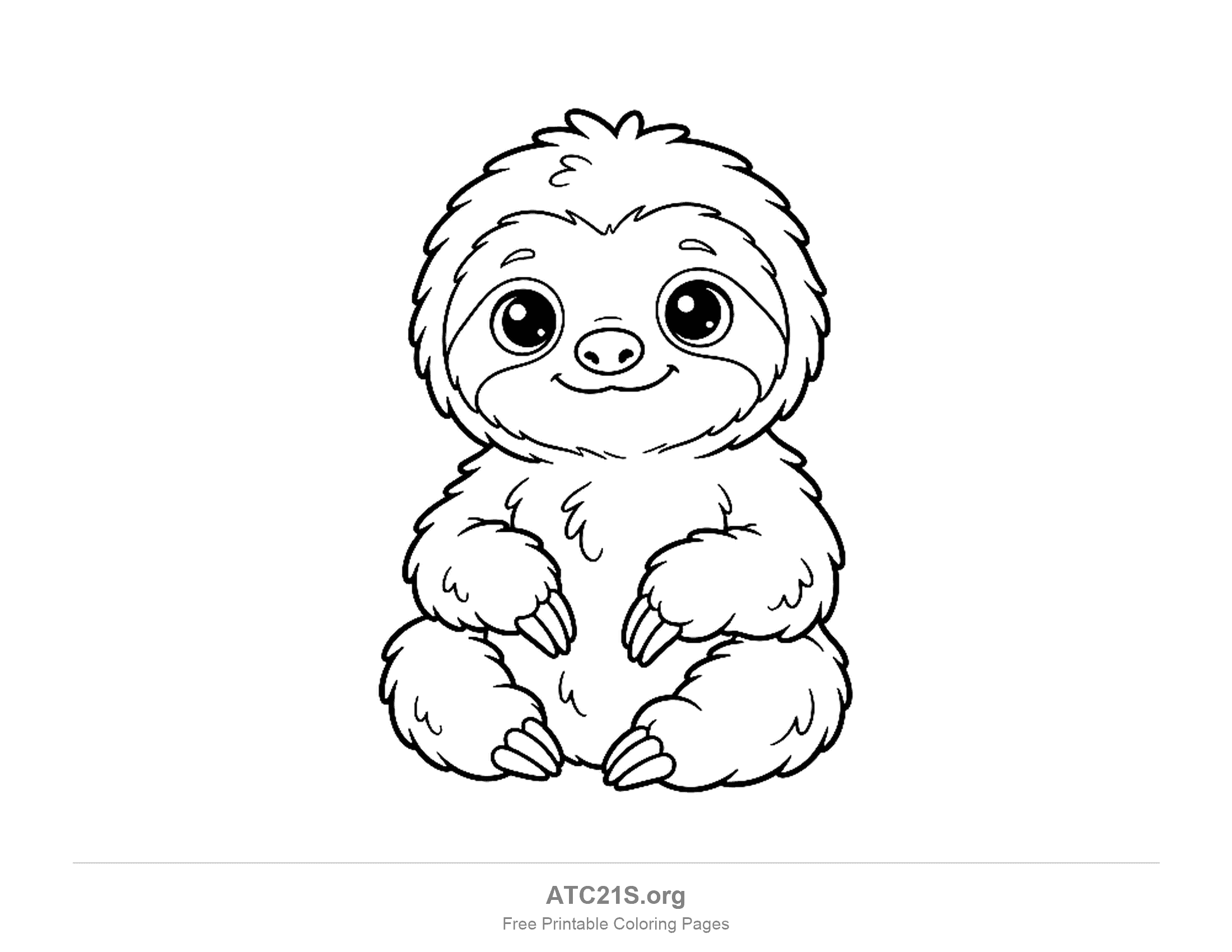 Cute baby sloth sitting front-on with huge round eyes, a fluffy head and long claws on its paws, coloring page for kids