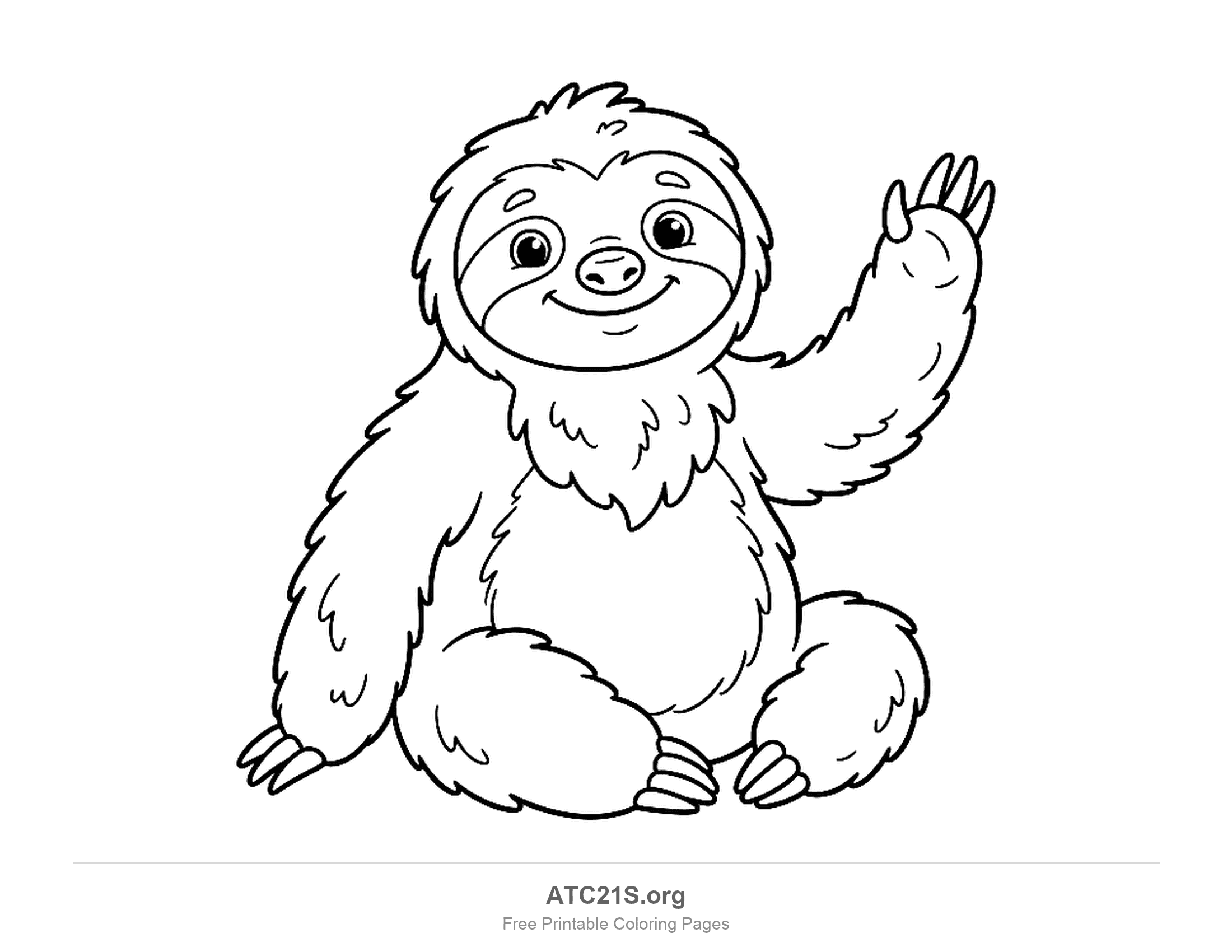 Cute cartoon sloth sitting and waving one arm, with a fluffy chest, a smile and claws on its paws, coloring page