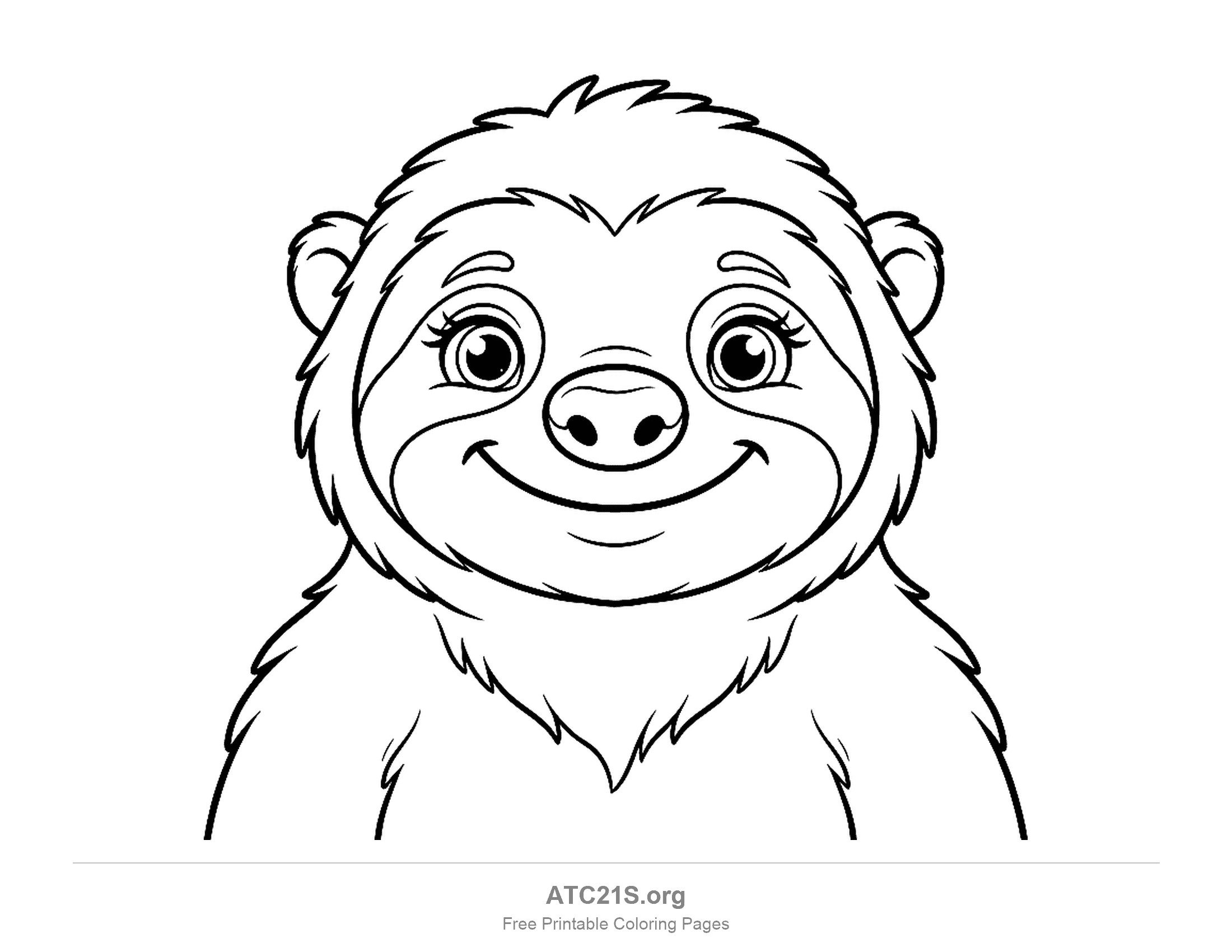 Close-up smiling sloth face with round ears, eyelashes, a large nose and fluffy chest fur, coloring page that also works as a mask