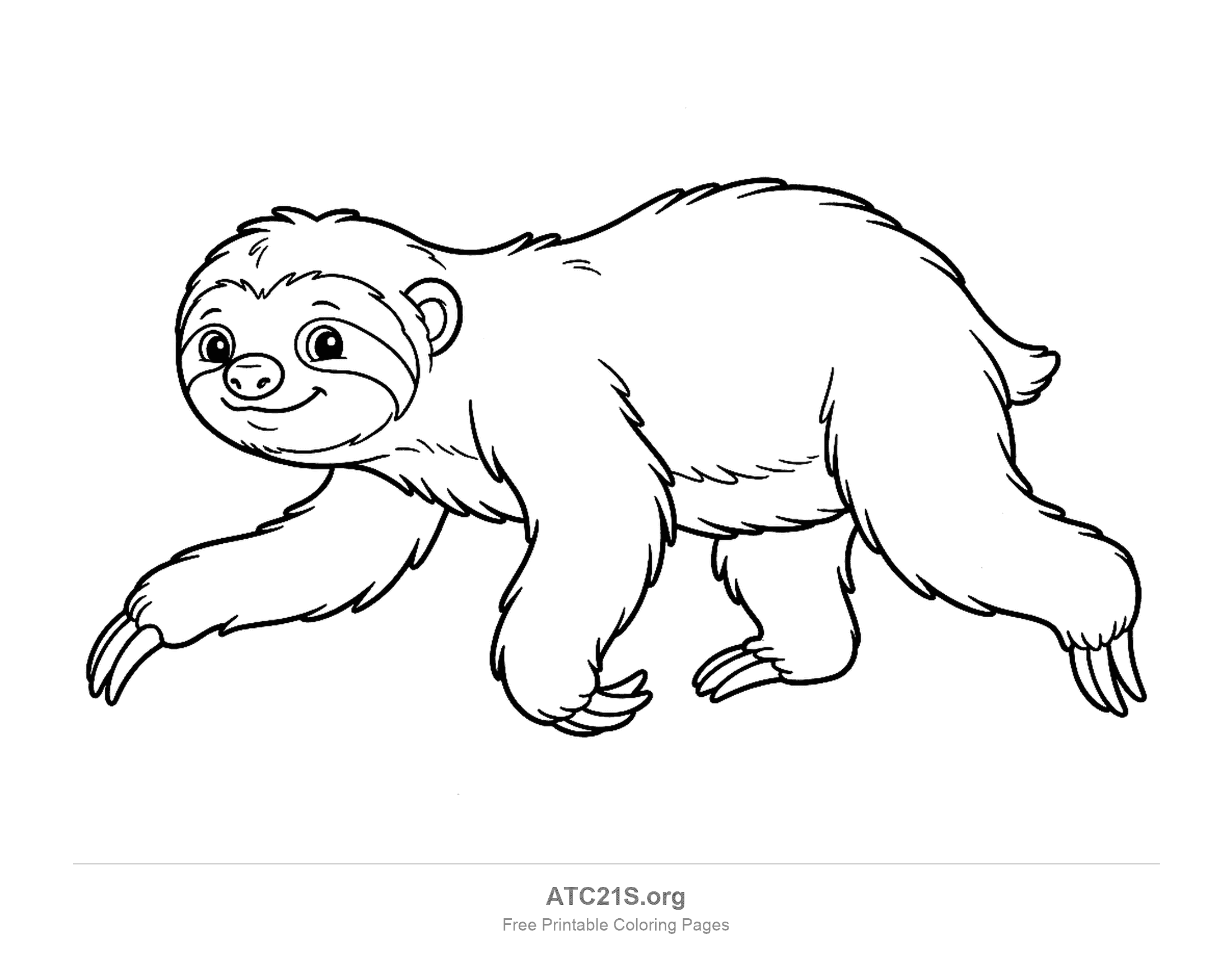 Sloth walking on all fours in side view with long curved claws and a small tail, detailed coloring page for older kids