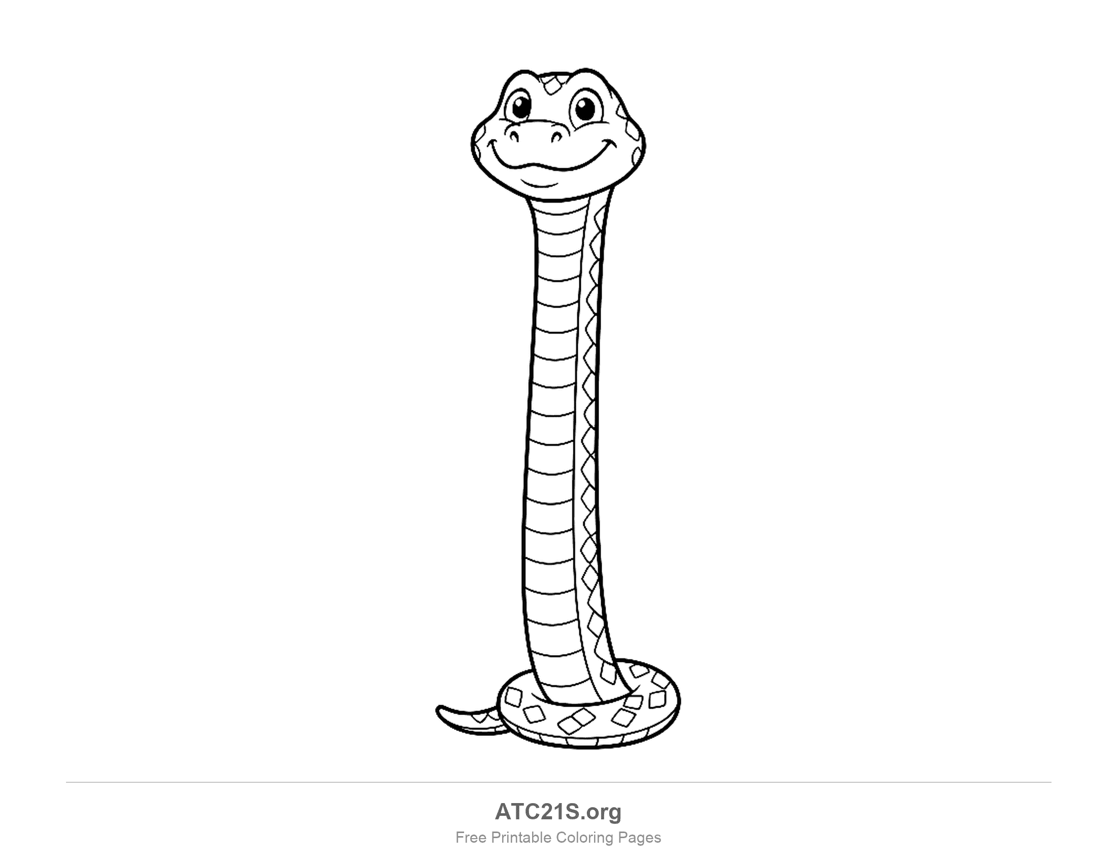 Cute cartoon snake standing tall and upright on a small coil, with a smiling face and simple belly bands, easy coloring page for kids