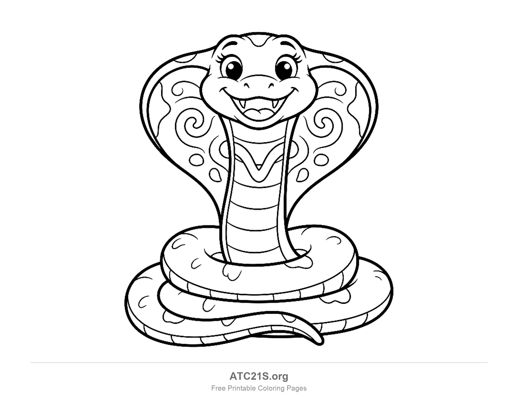 Friendly smiling cobra with its hood spread wide, decorative swirls on the hood and a coiled body, printable coloring page