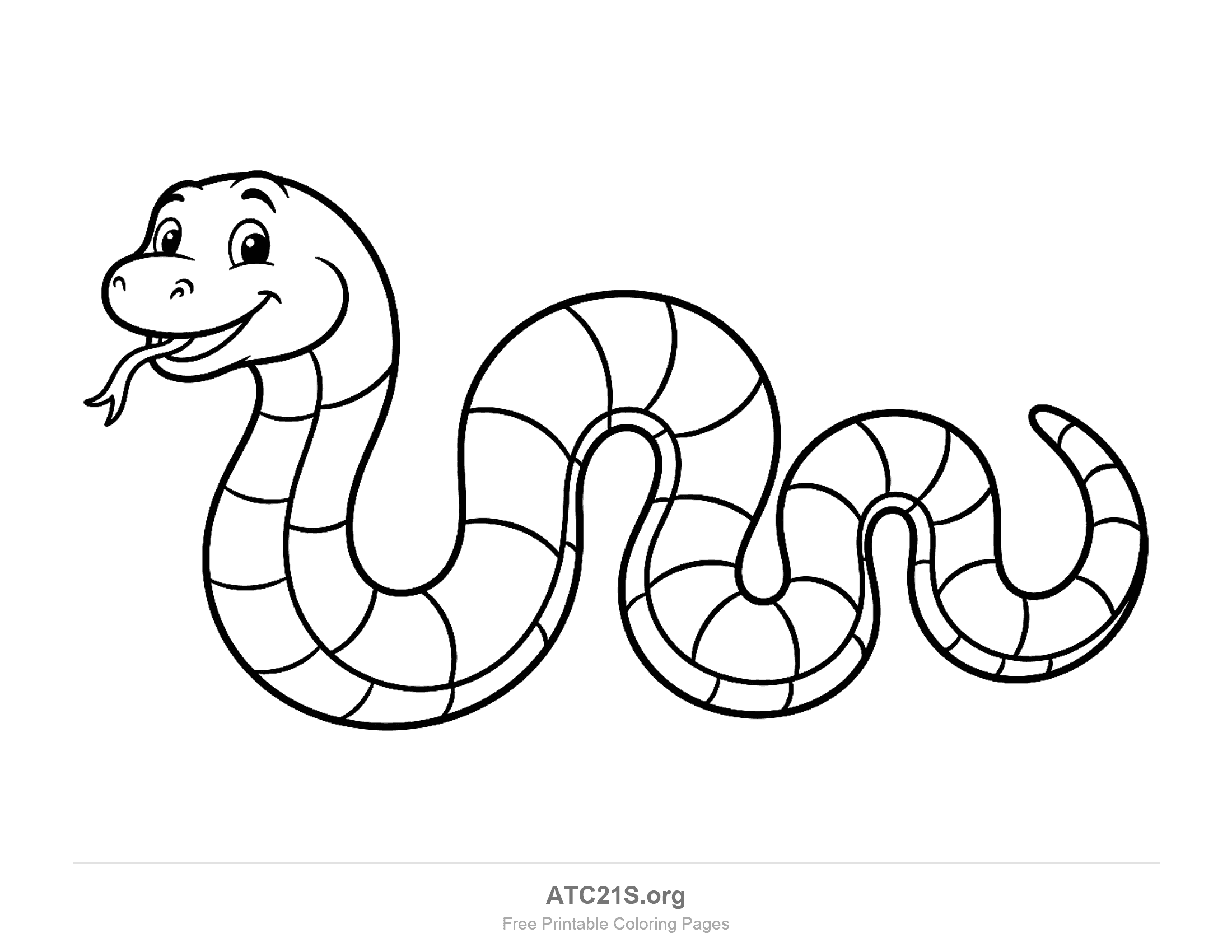 Smiling cartoon snake slithering with large ring segments along its body and its tongue out, coloring page for kids