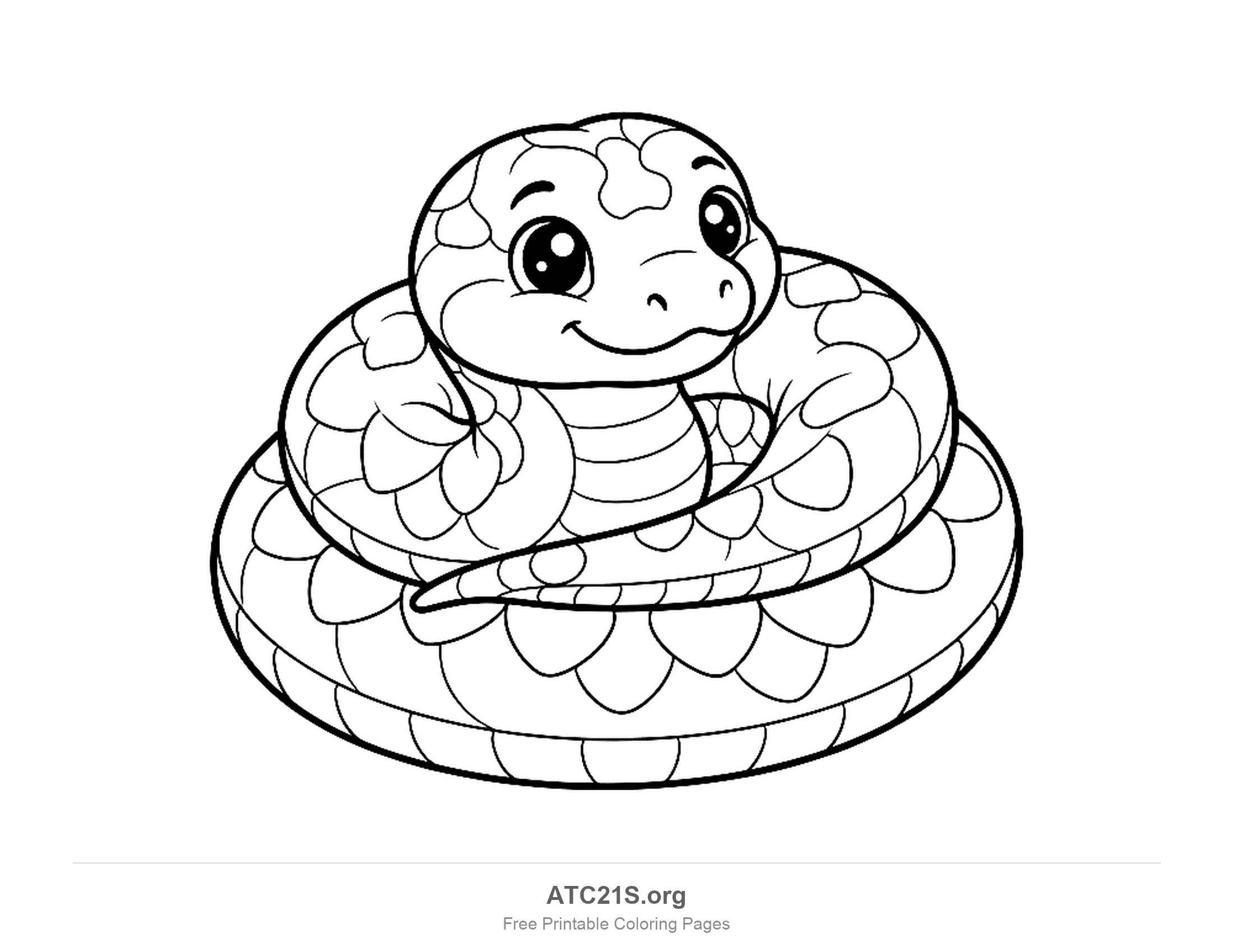 Cute chubby baby snake coiled in a pile with big round eyes and overlapping scales, coloring page for preschoolers