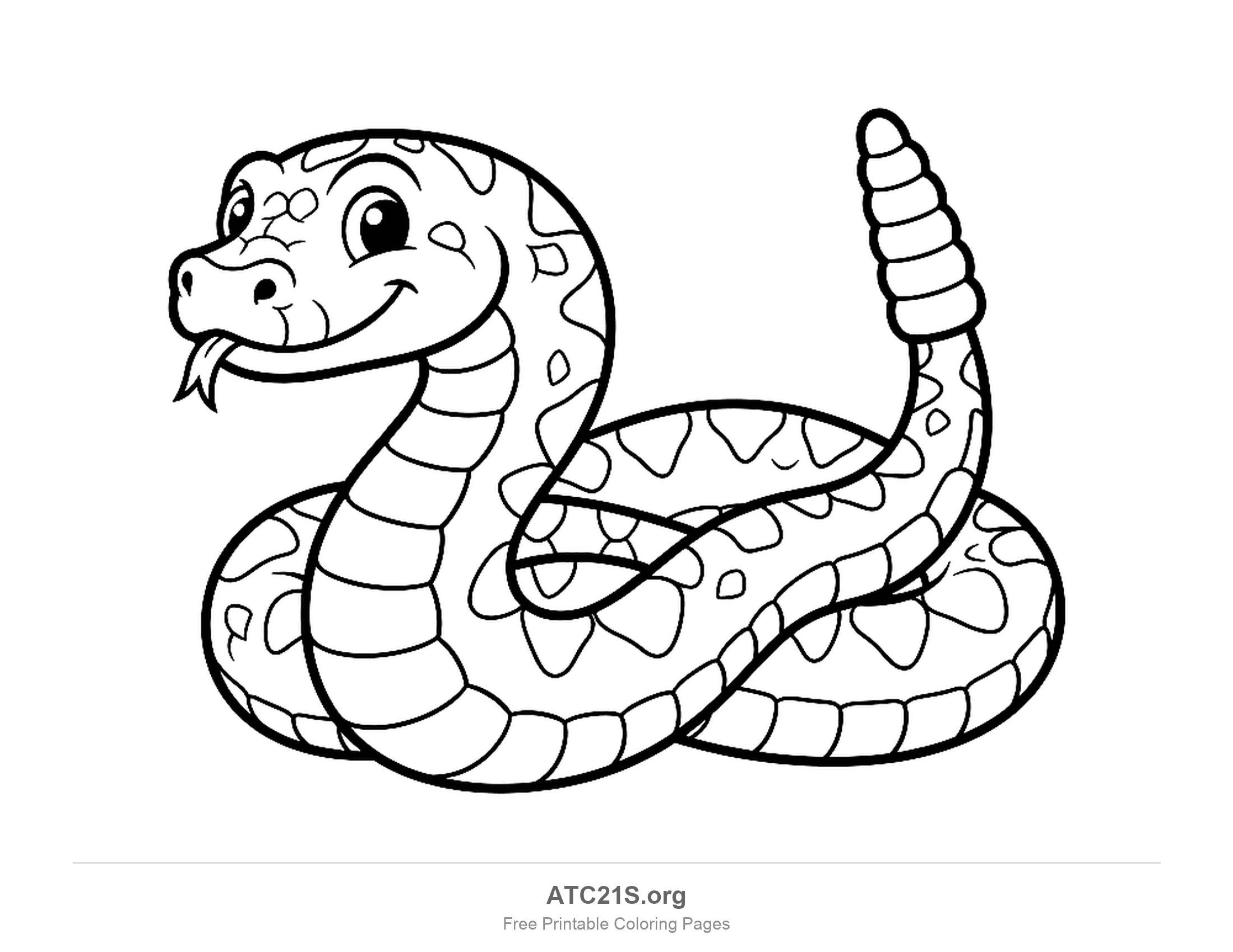Playful rattlesnake coiled with its rattle raised, a blotchy scale pattern and its tongue out, coloring page