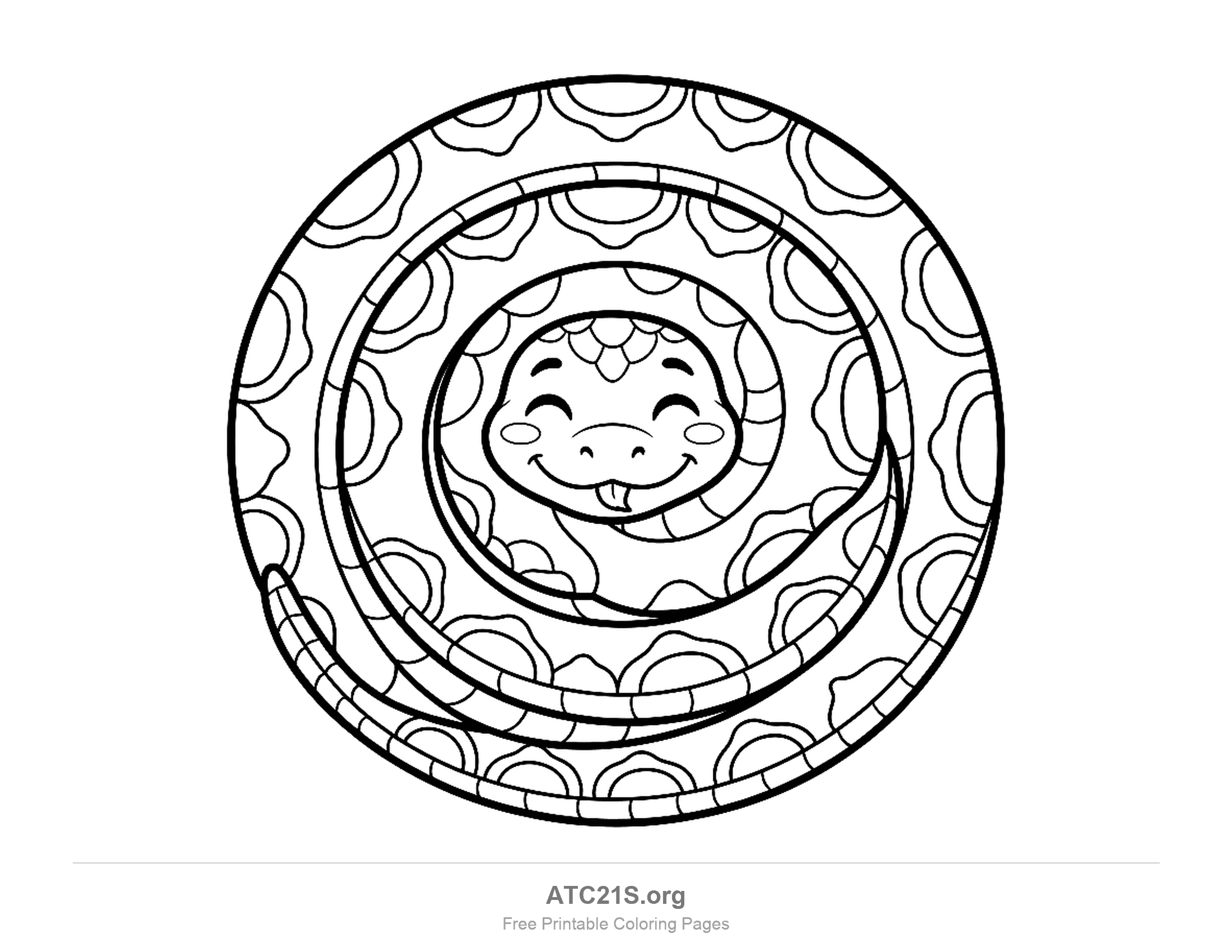 Smiling snake coiled in a tight spiral with its face in the centre and a patterned body, detailed coloring page
