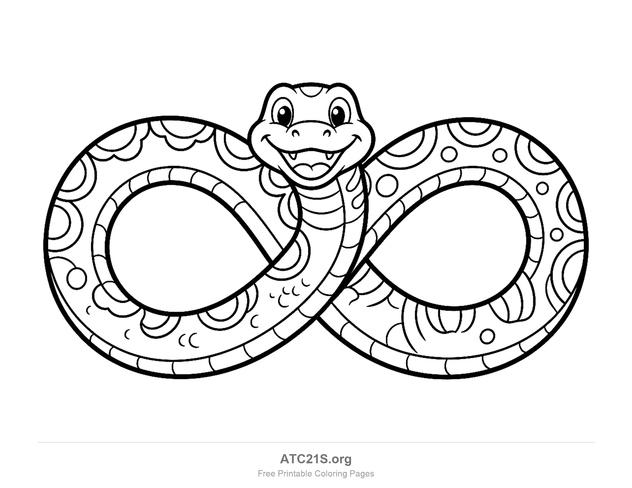 Snake twisted into a figure-eight shape with a dense decorative scale pattern, detailed coloring page for older kids