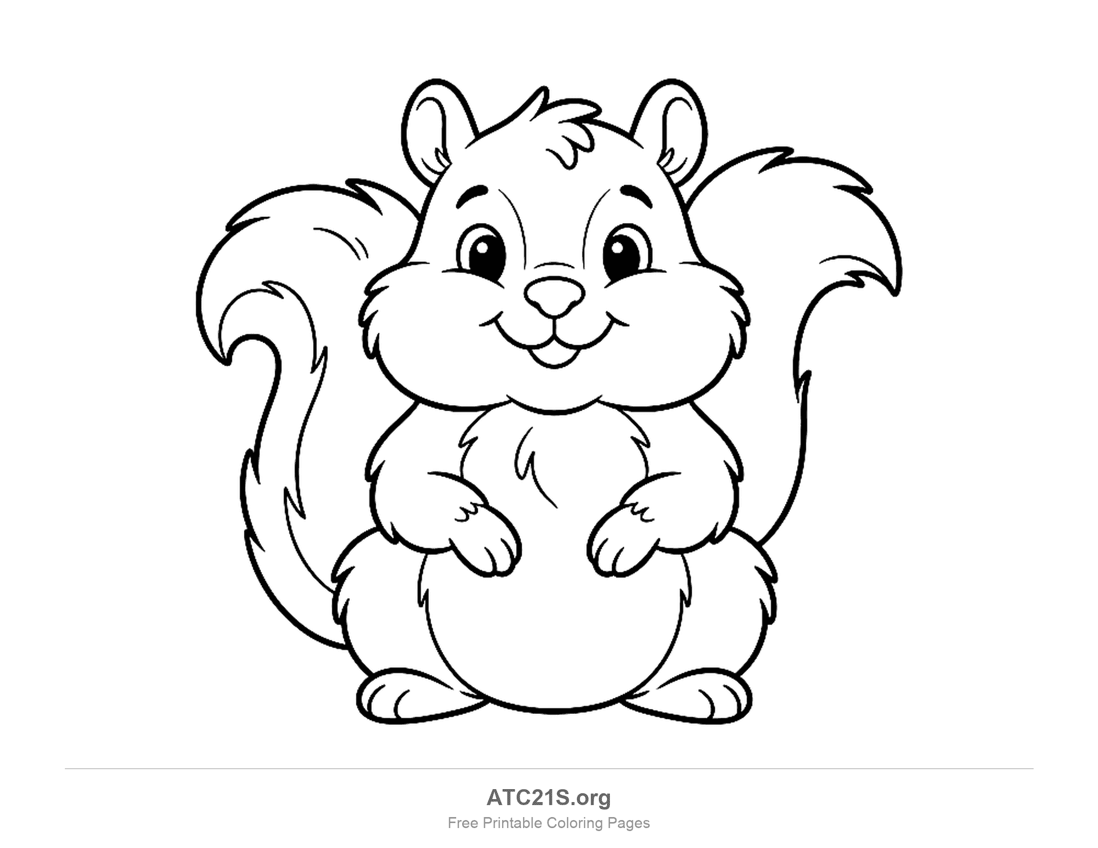 Cute chubby squirrel sitting front-on with puffed cheeks, a round belly and a bushy tail wrapping both sides, coloring page for preschoolers