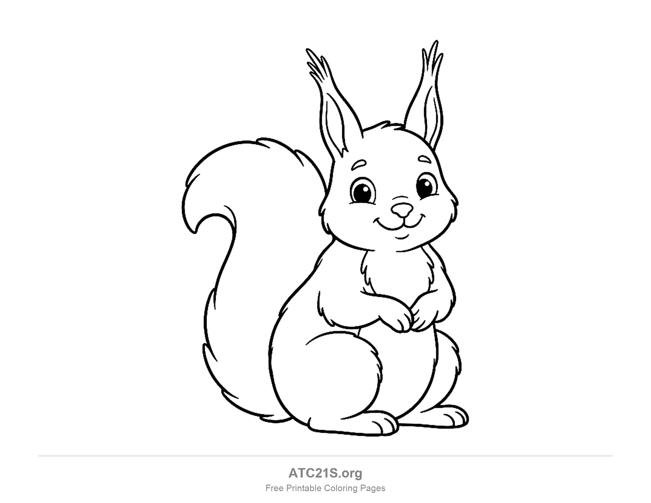 Cute squirrel sitting with tufted ears, paws held together at its chest and a big curly tail, printable coloring page