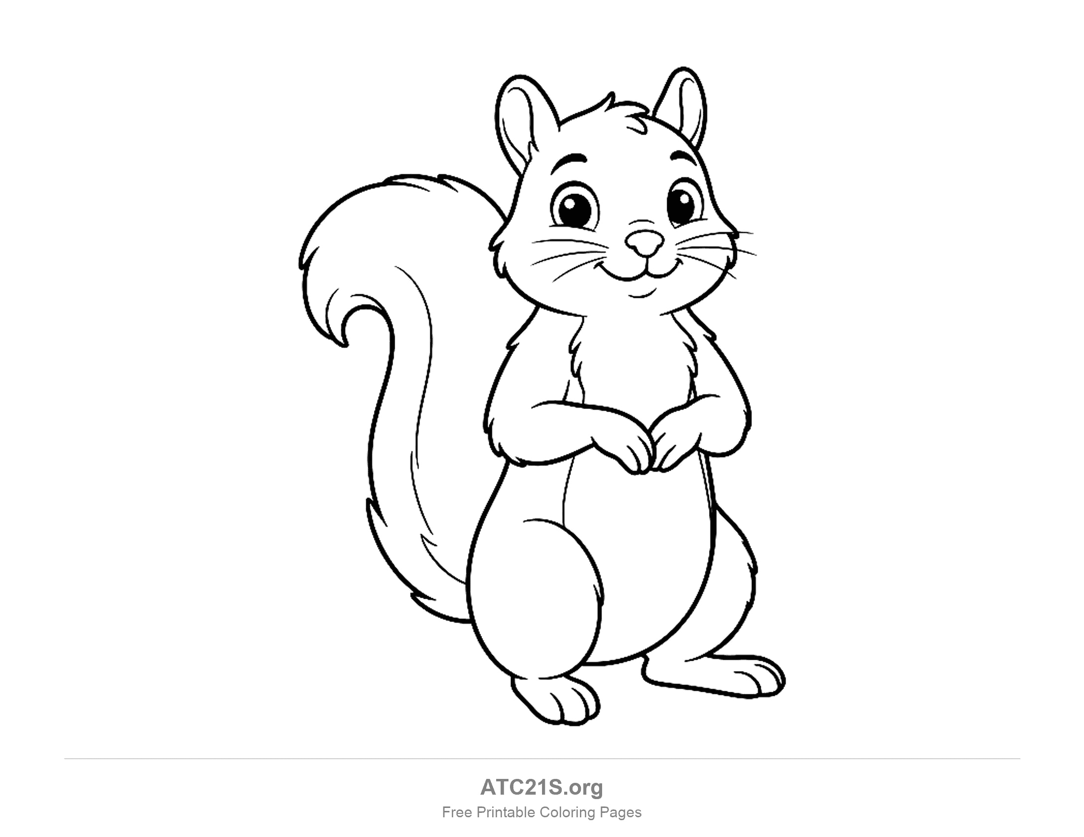 Smiling squirrel standing on its hind legs with paws clasped, whiskers and a bushy tail, coloring page to print