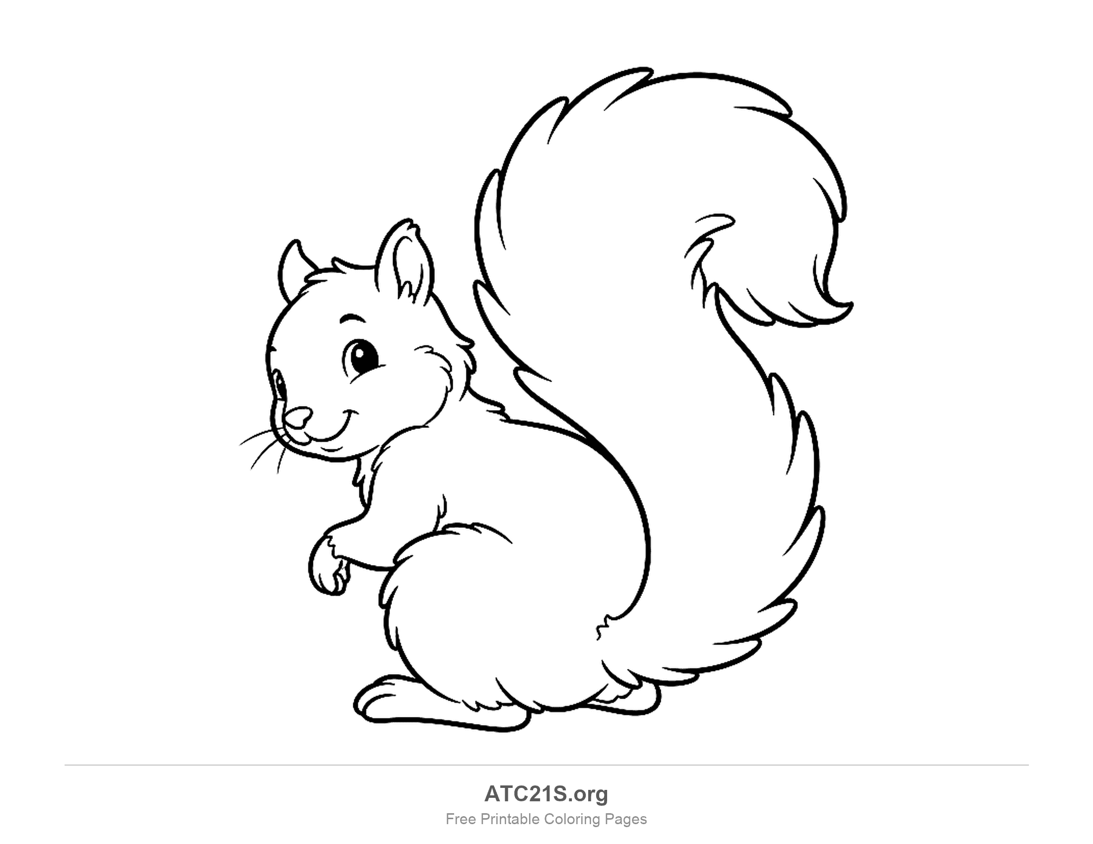 Squirrel sitting and looking back over its shoulder with a large bushy tail curling up behind, coloring page
