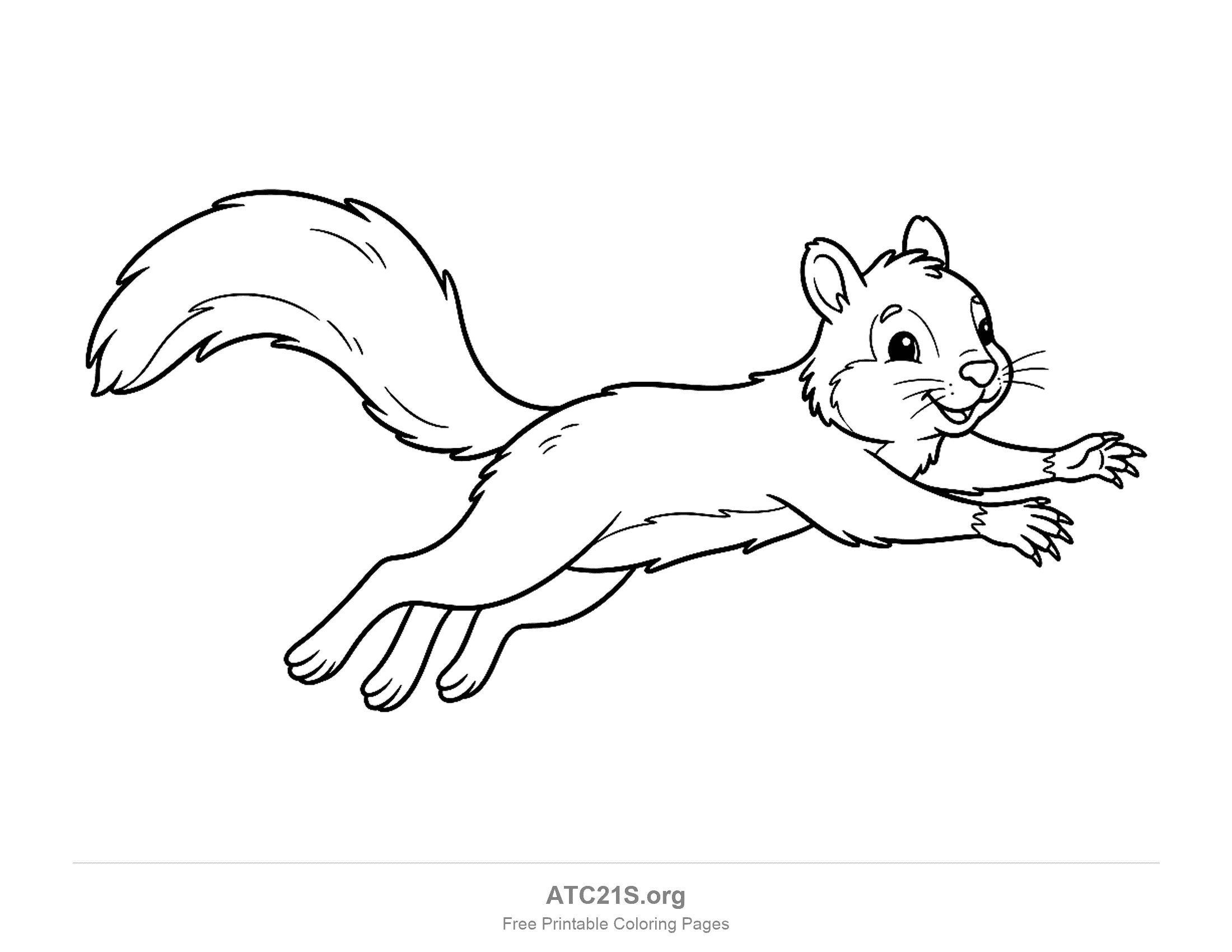 Squirrel leaping through the air with arms stretched forward, hind legs trailing and a fluffy tail streaming behind, coloring page