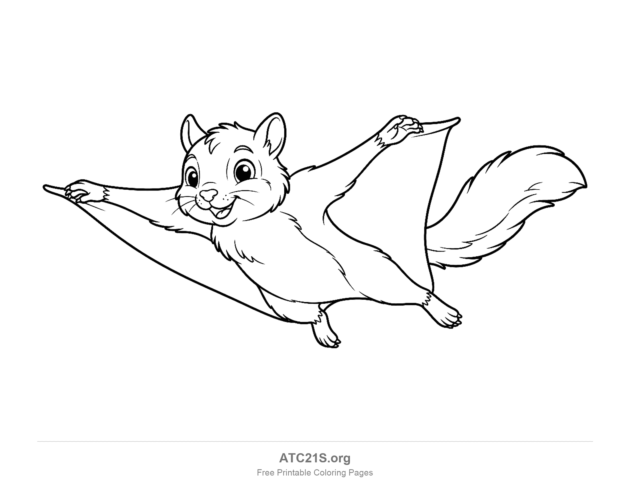Flying squirrel gliding with wing membranes stretched between its arms and body, a smiling face and a fluffy tail, coloring page for older kids