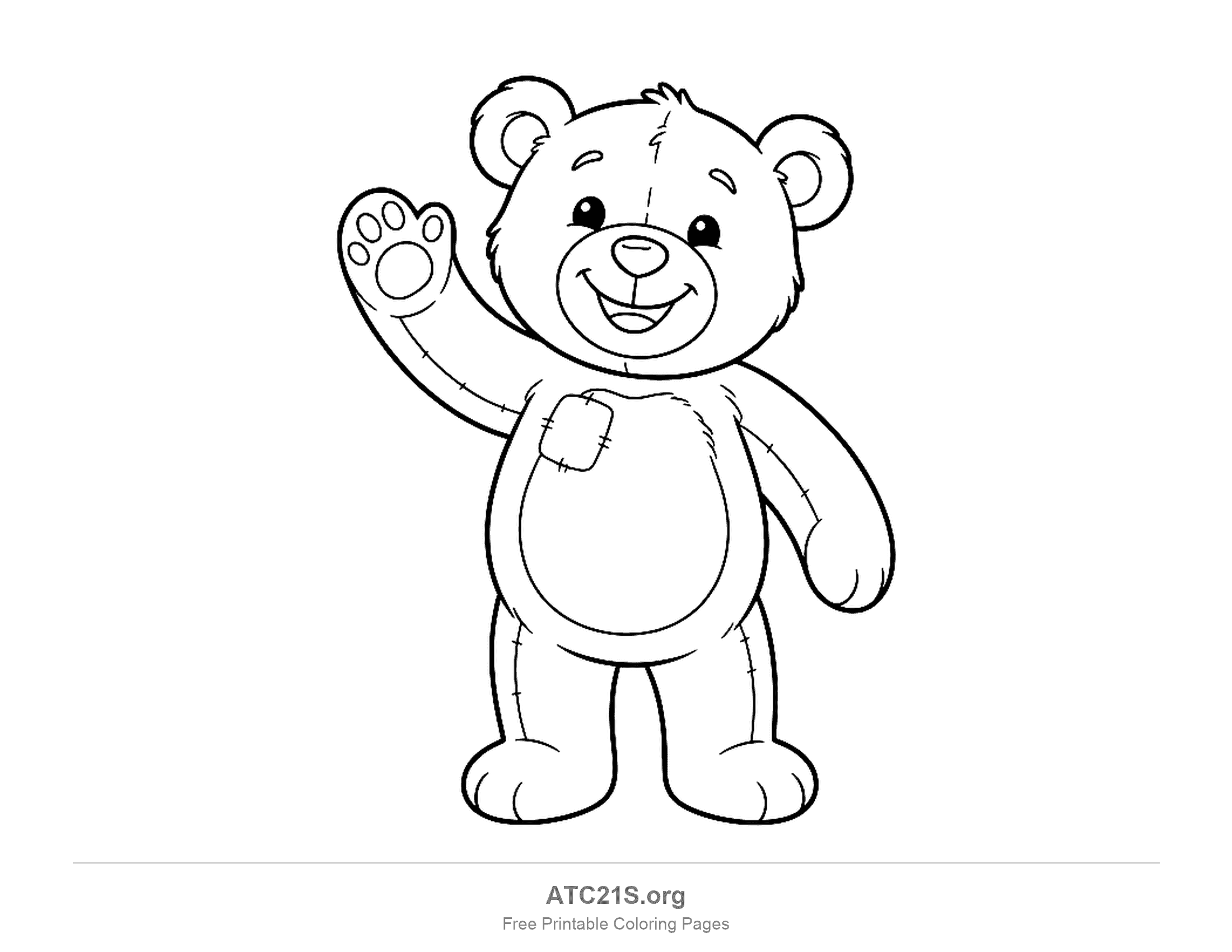 Cute cartoon teddy bear standing upright and waving one paw with paw pads showing, a small chest patch and stitch marks on its arms, simple coloring page for preschoolers