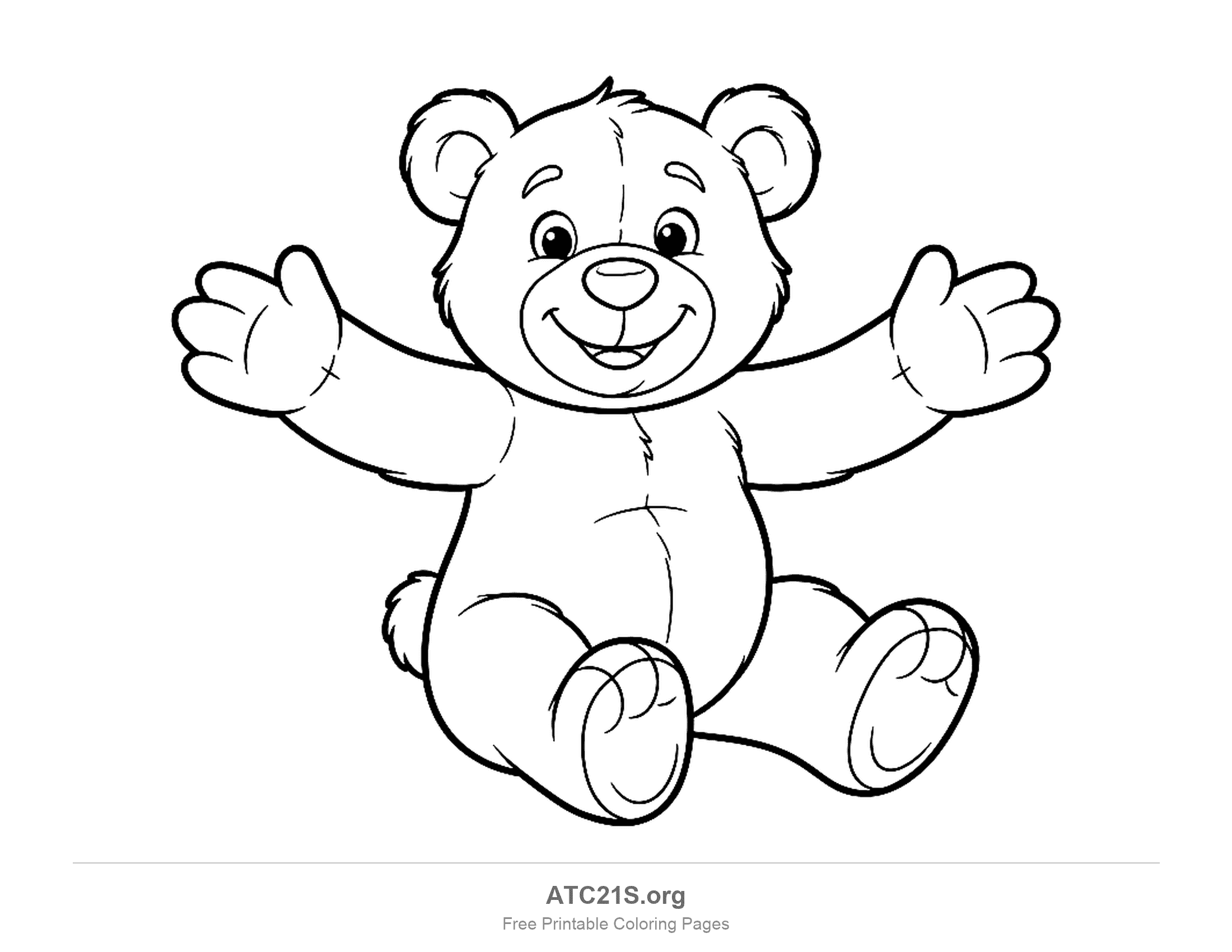 Cute teddy bear sitting with both arms stretched wide for a hug, a big smile and paw pads showing, printable coloring page