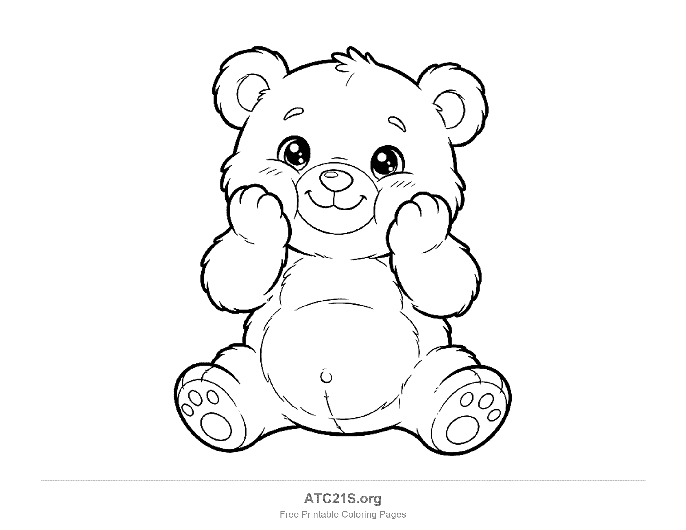 Chubby cartoon teddy bear sitting with both paws on its cheeks, big round eyes, a round belly and paw pads on its feet, coloring page to print