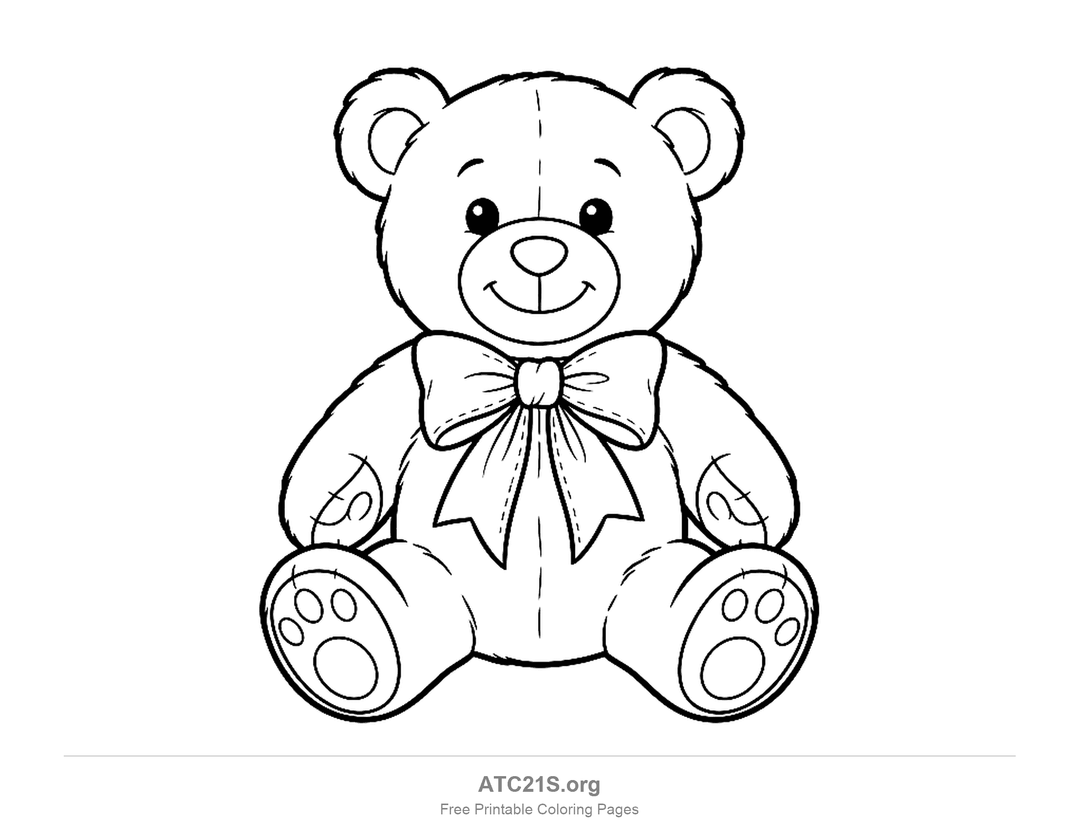 Classic teddy bear sitting facing forward with a large ribbon bow at its neck, smiling, round ears and paw pads on its feet, coloring page for kids