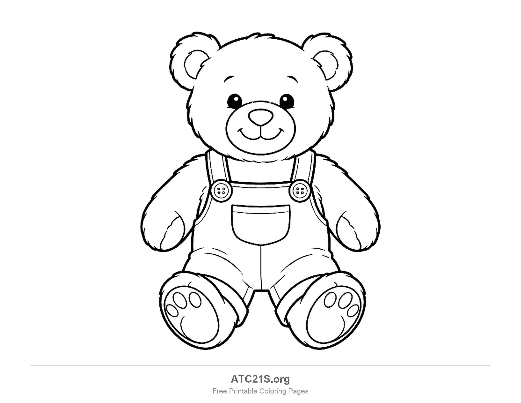 Cute teddy bear sitting in dungaree overalls with two buttons, a front pocket, a smile and paw pads showing, coloring page
