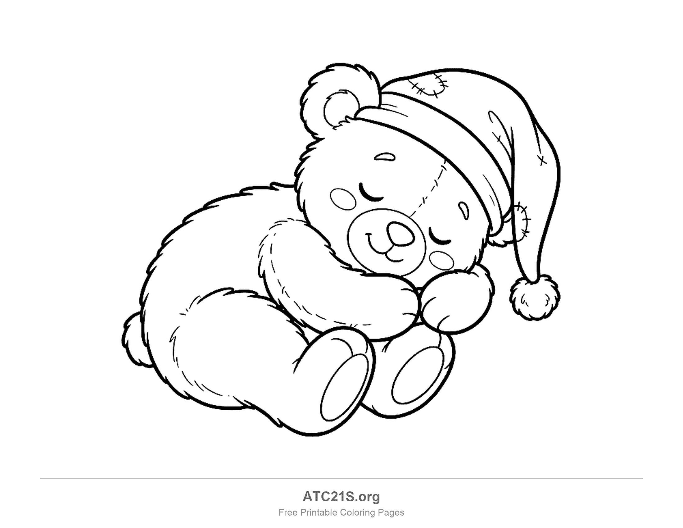 Teddy bear sleeping on its side wearing a nightcap with a pom-pom, eyes closed and paws tucked under its chin, coloring page