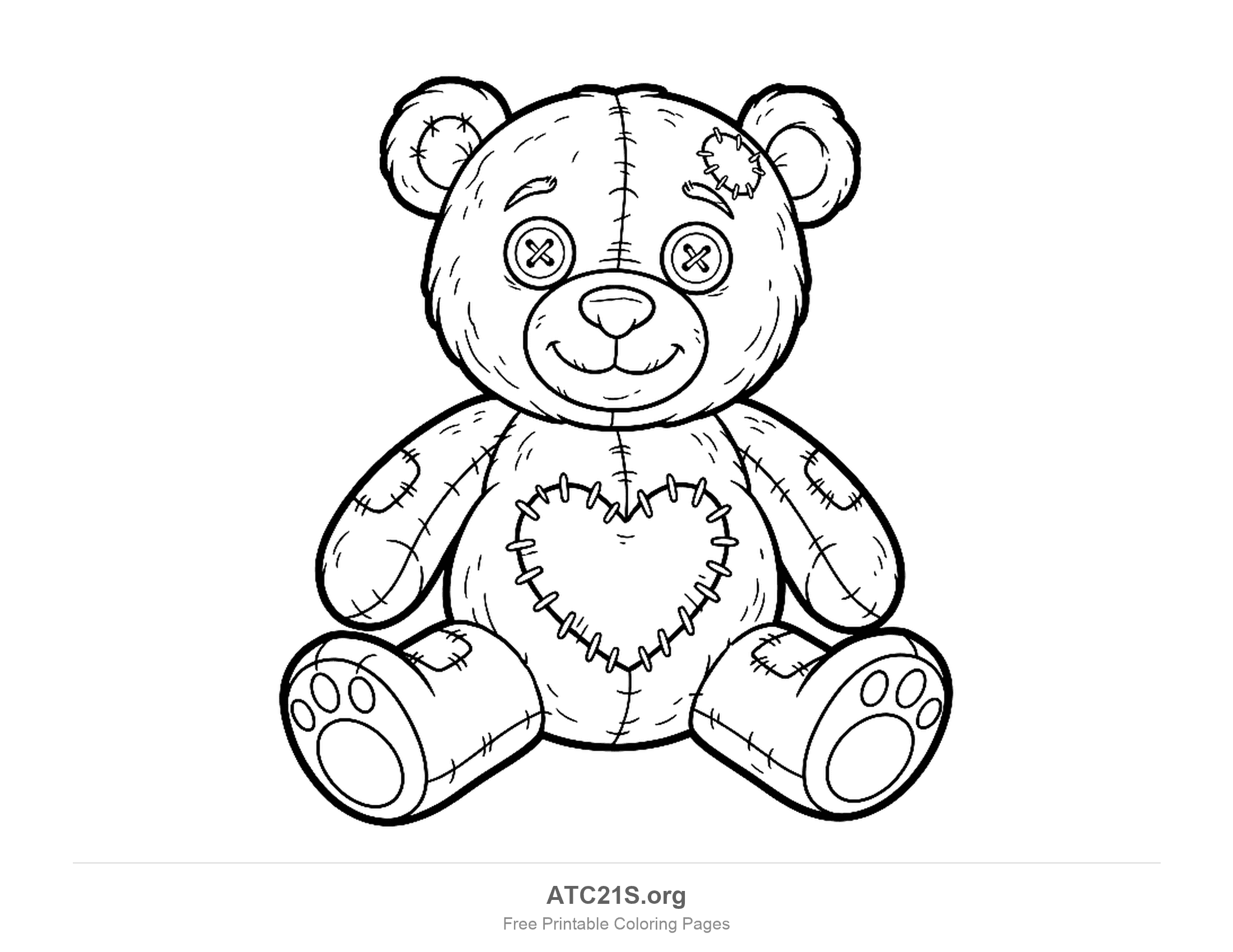 Vintage stuffed teddy bear sitting with button eyes, a heart sewn on its chest, stitch marks all over and a patch on its forehead, detailed coloring page for older kids