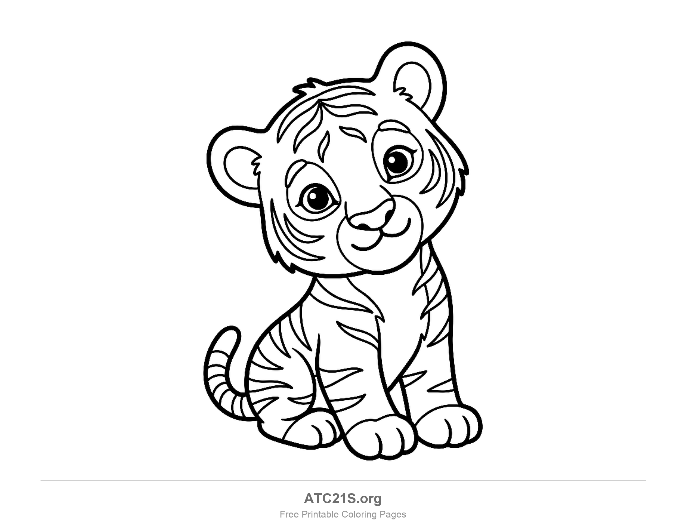 Cute baby tiger cub sitting up with big round eyes, simple coloring page for preschoolers