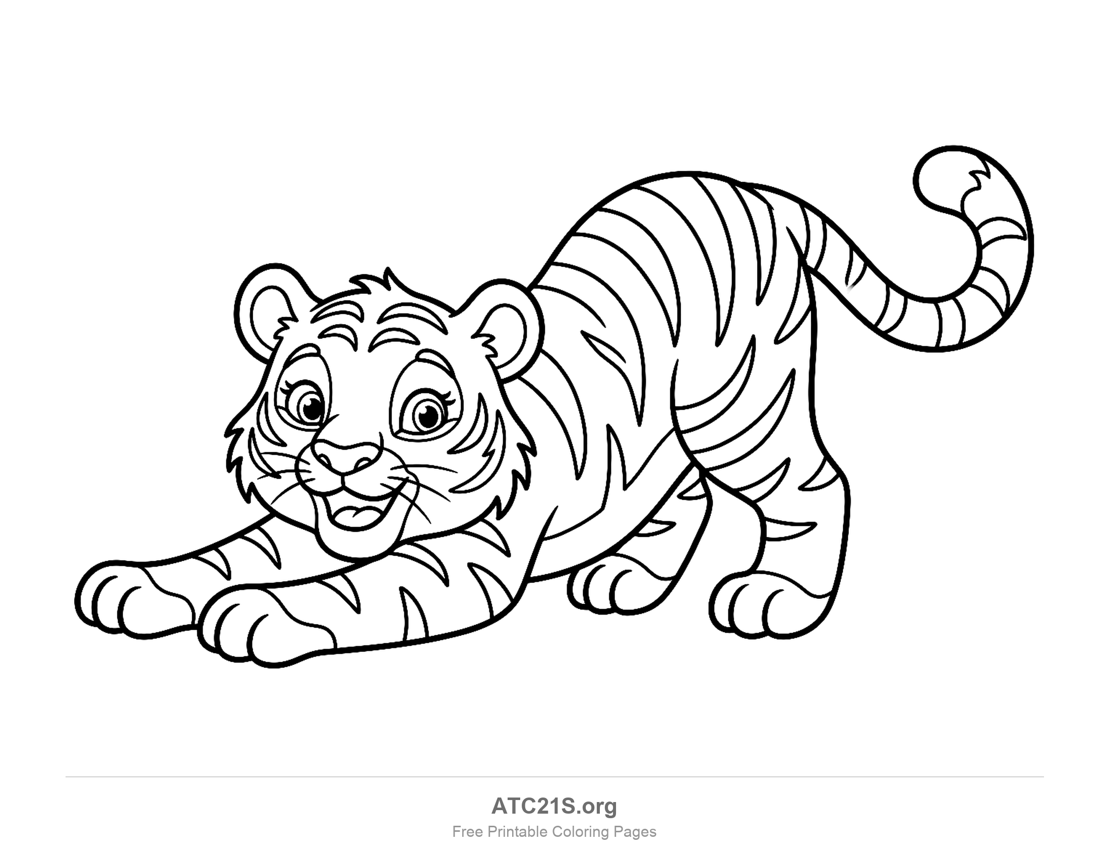 Playful cartoon tiger stretching its front paws forward with a curled tail, printable coloring page