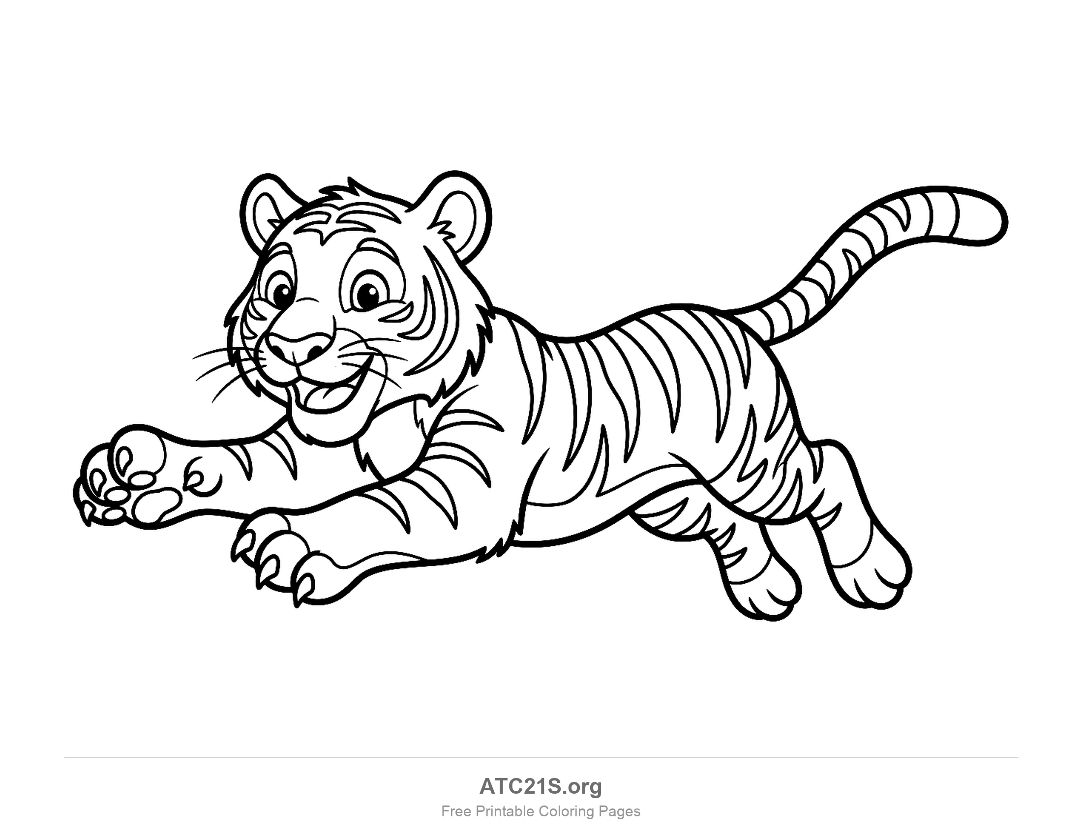 Happy cartoon tiger leaping forward mid-pounce with its tail streaming behind, coloring page for kids