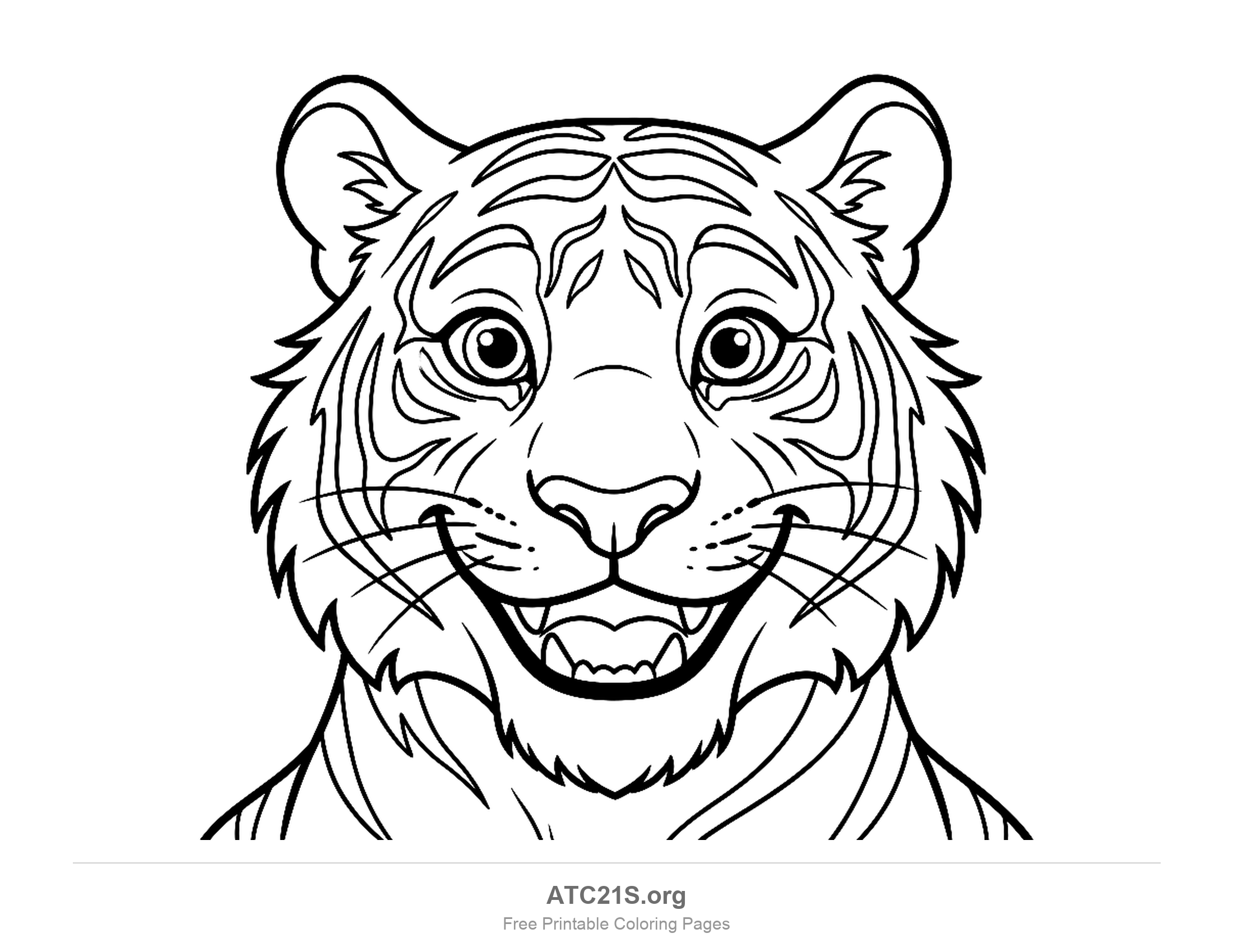 Close-up tiger face smiling with long whiskers and fluffy cheek fur, coloring page that also works as a mask