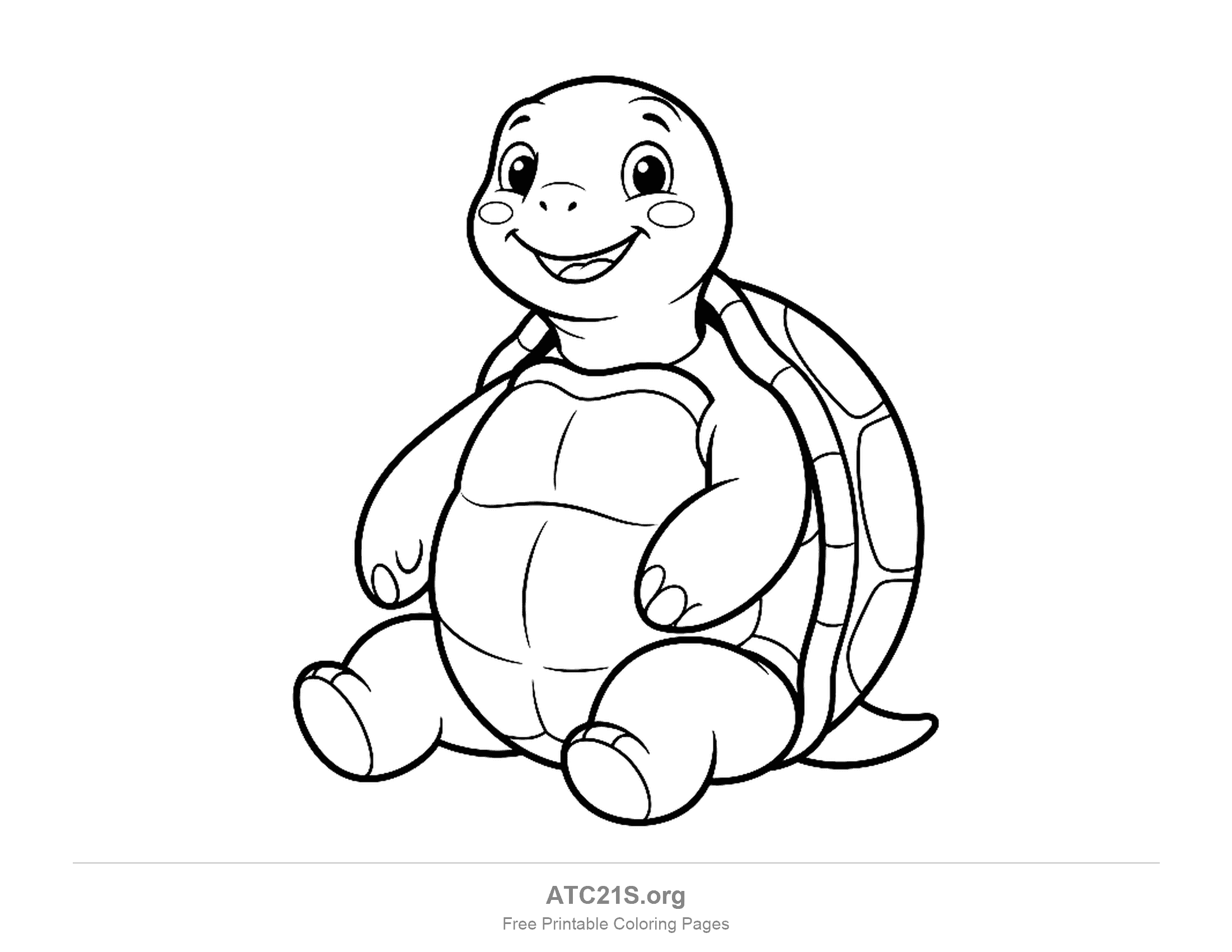 Chubby cartoon turtle sitting upright with a big smile and a smooth belly, simple coloring page for preschoolers