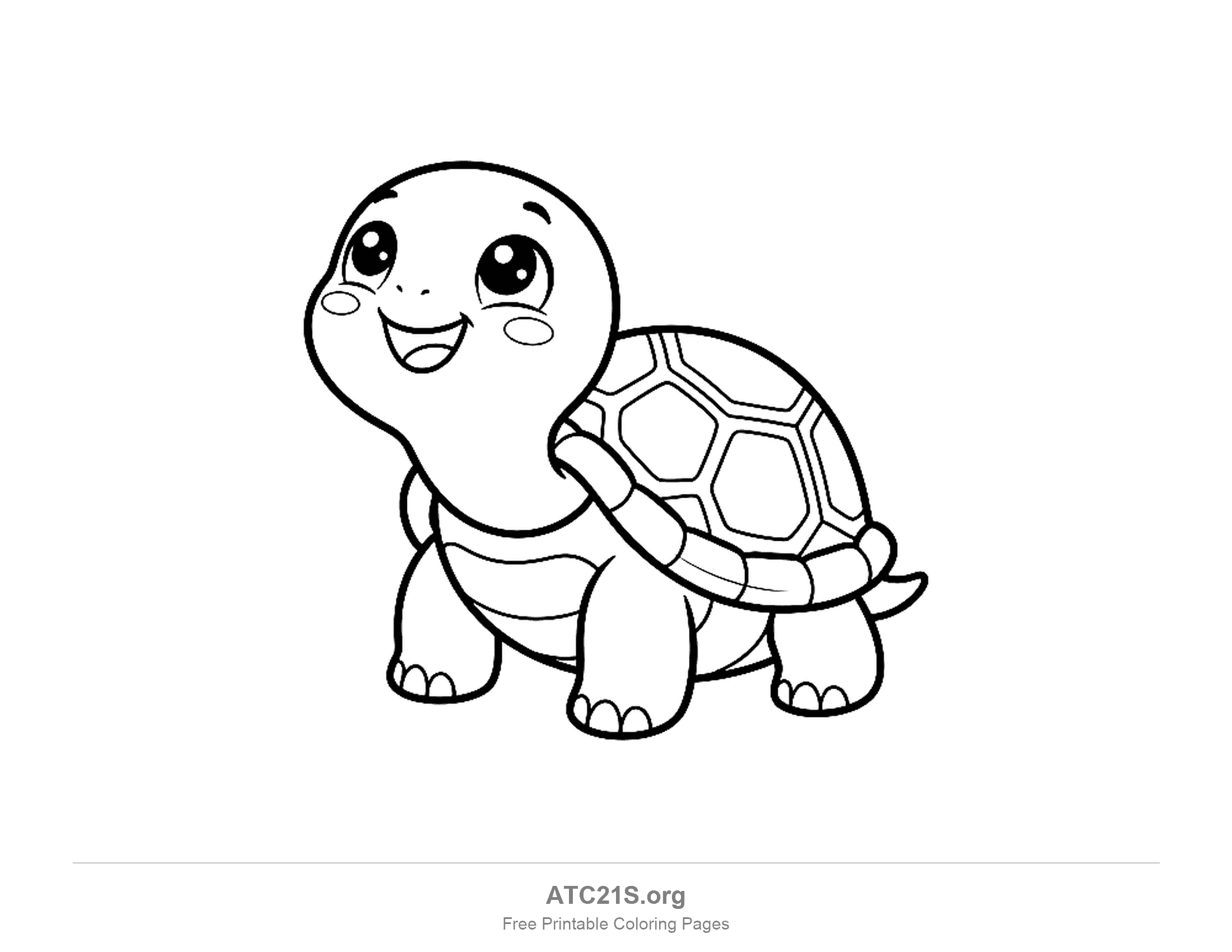 Cute baby turtle looking up with huge round eyes and a small hexagonal shell, printable coloring page