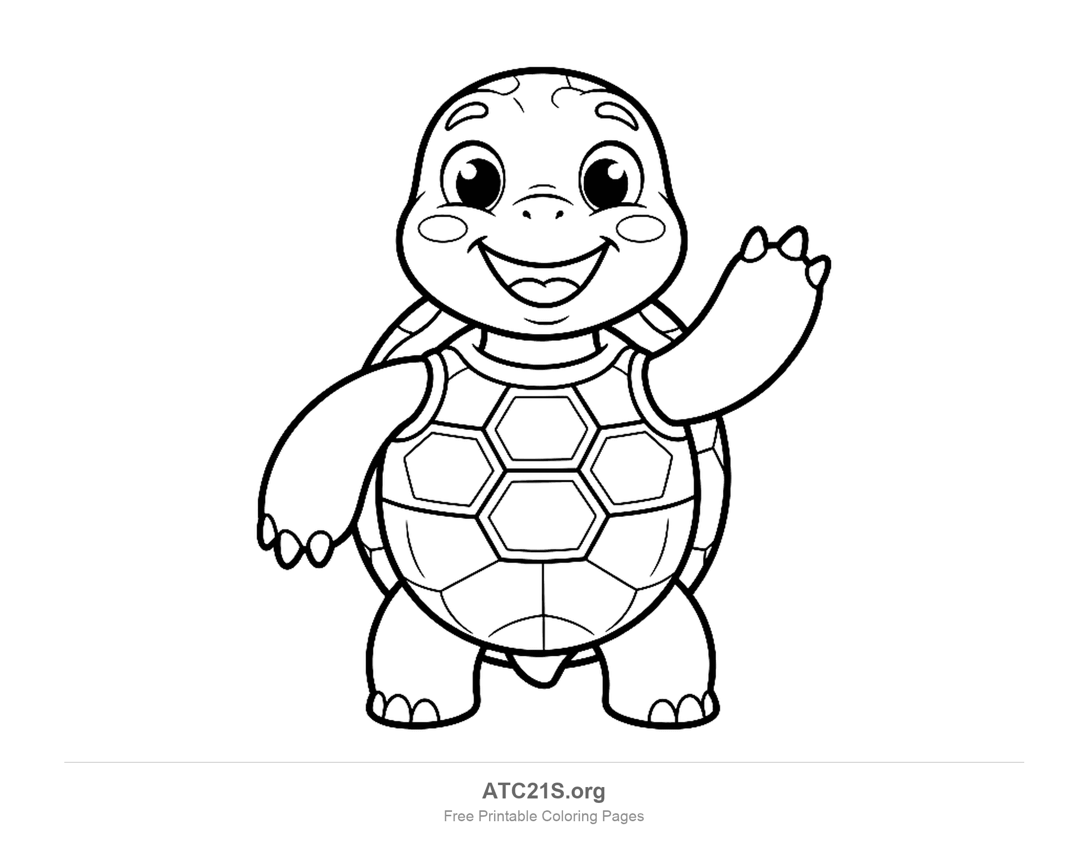 Cute cartoon turtle standing on its hind legs and waving with a big open-mouth smile, coloring page for kids