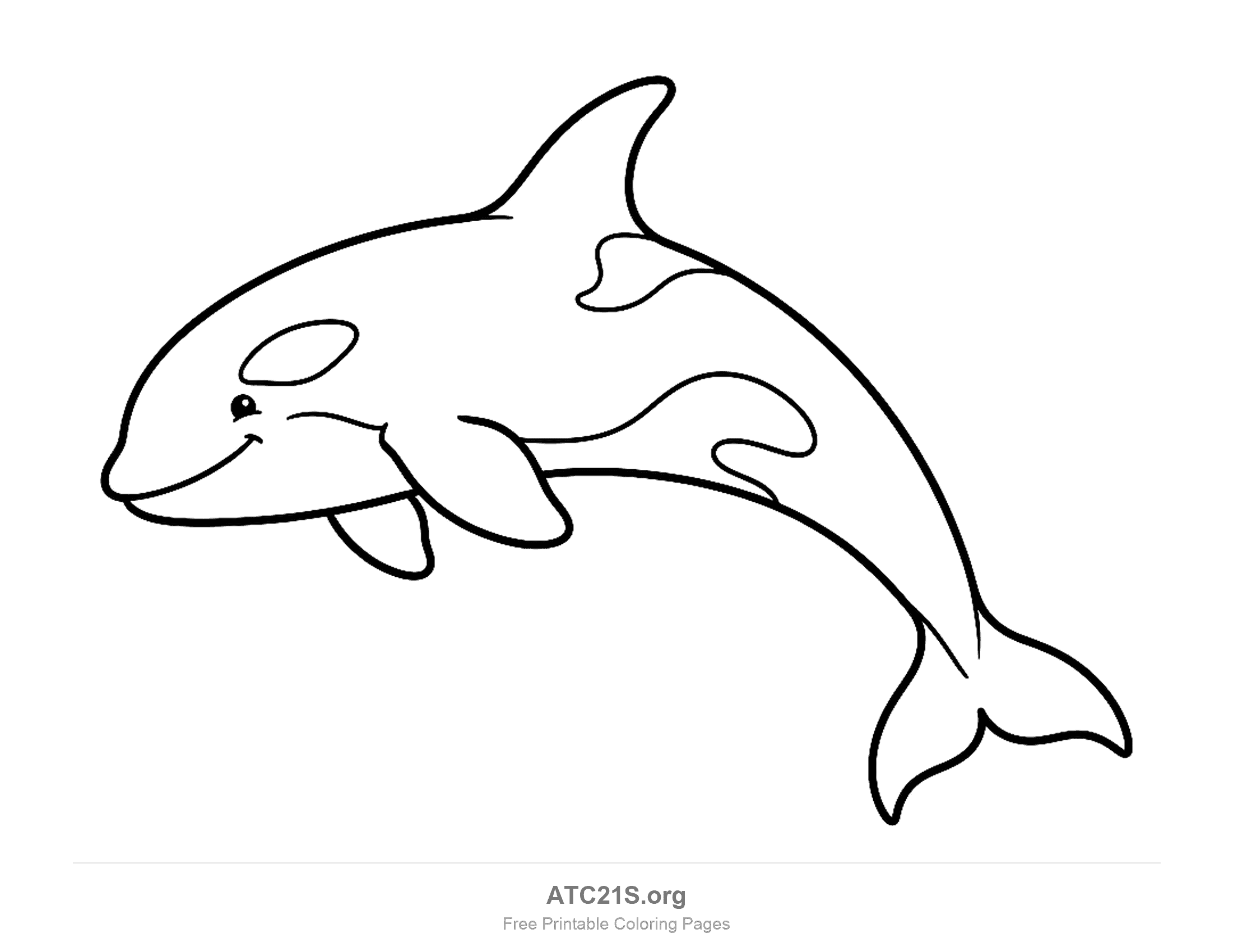 Cute cartoon orca leaping with a tall dorsal fin, white eye and belly patches and a smiling face, simple coloring page for preschoolers