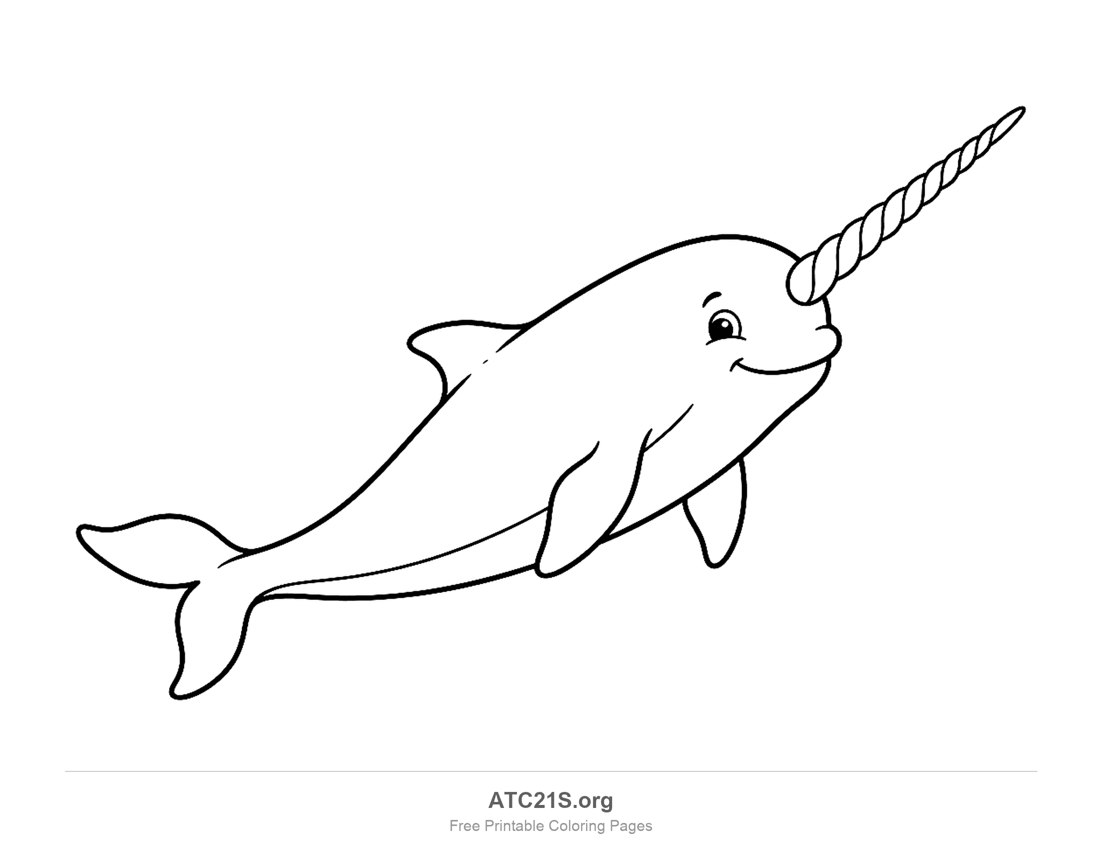 Cute smiling whale swimming with a long spiral tusk, a small dorsal fin and a fluke, printable coloring page