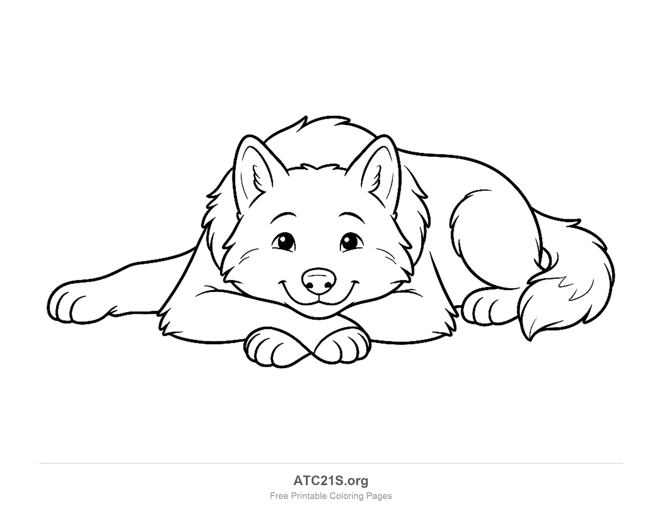 Cute wolf lying down with its front paws crossed, looking at the viewer with a small smile, simple coloring page for kids