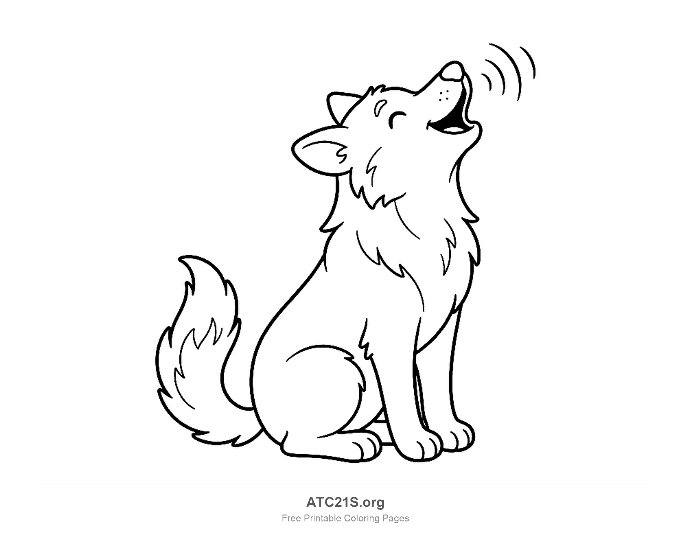 Cartoon wolf sitting with its head tilted up howling, eyes closed and a bushy tail, printable coloring page