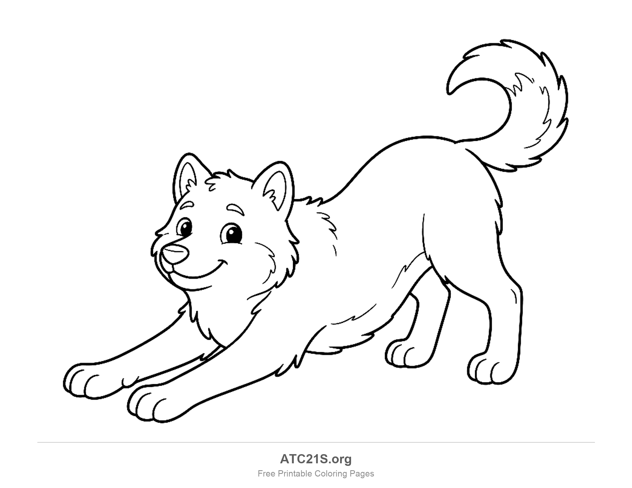 Wolf stretching with front legs extended and tail curled up, smiling play-bow pose, coloring page for kids