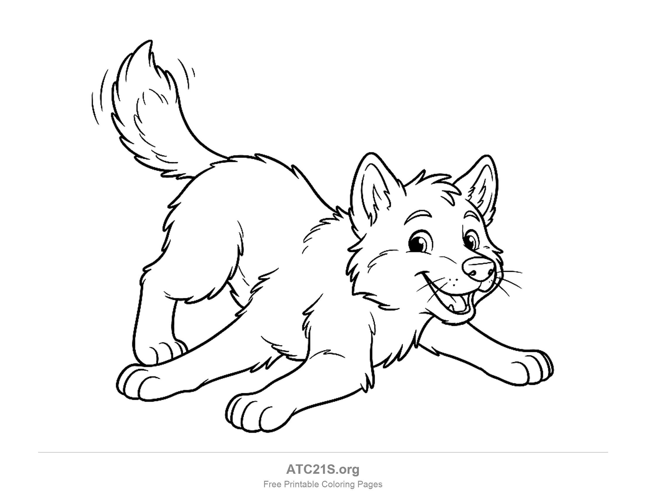Playful wolf pup in a pouncing pose with front legs stretched forward, wagging tail and tongue out, coloring page