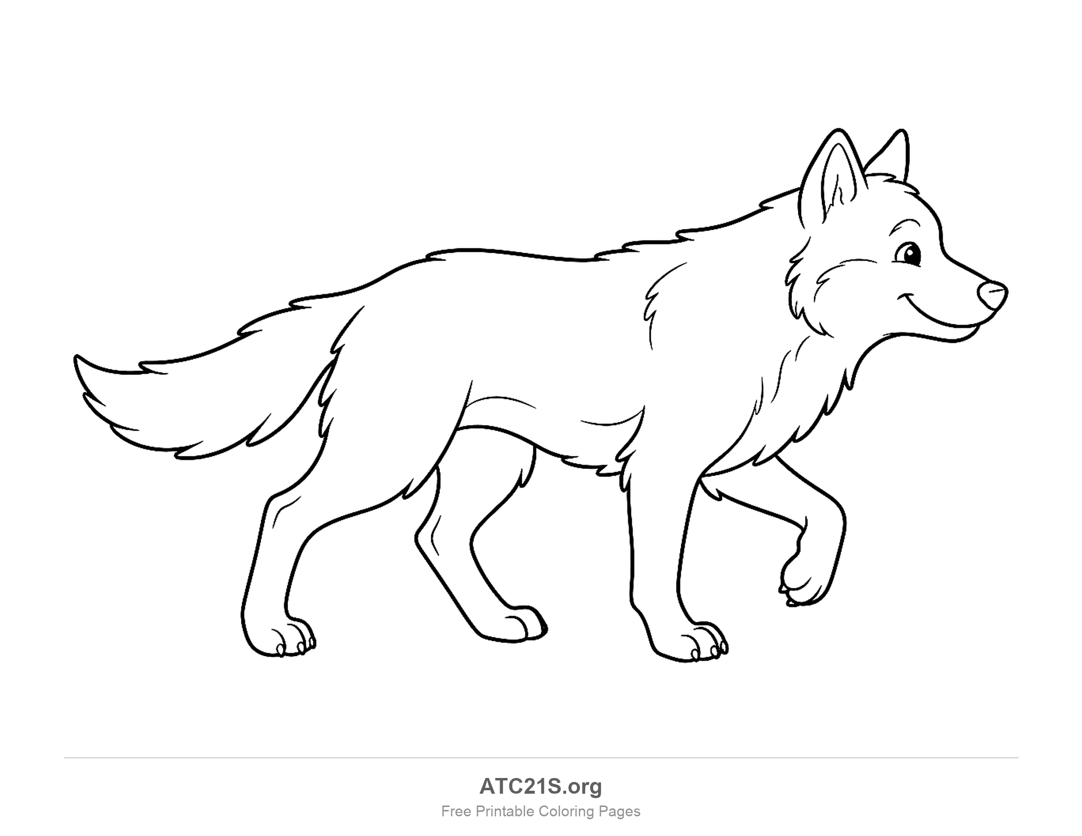 Wolf walking in profile with a bushy tail and a gentle smile, coloring page to print