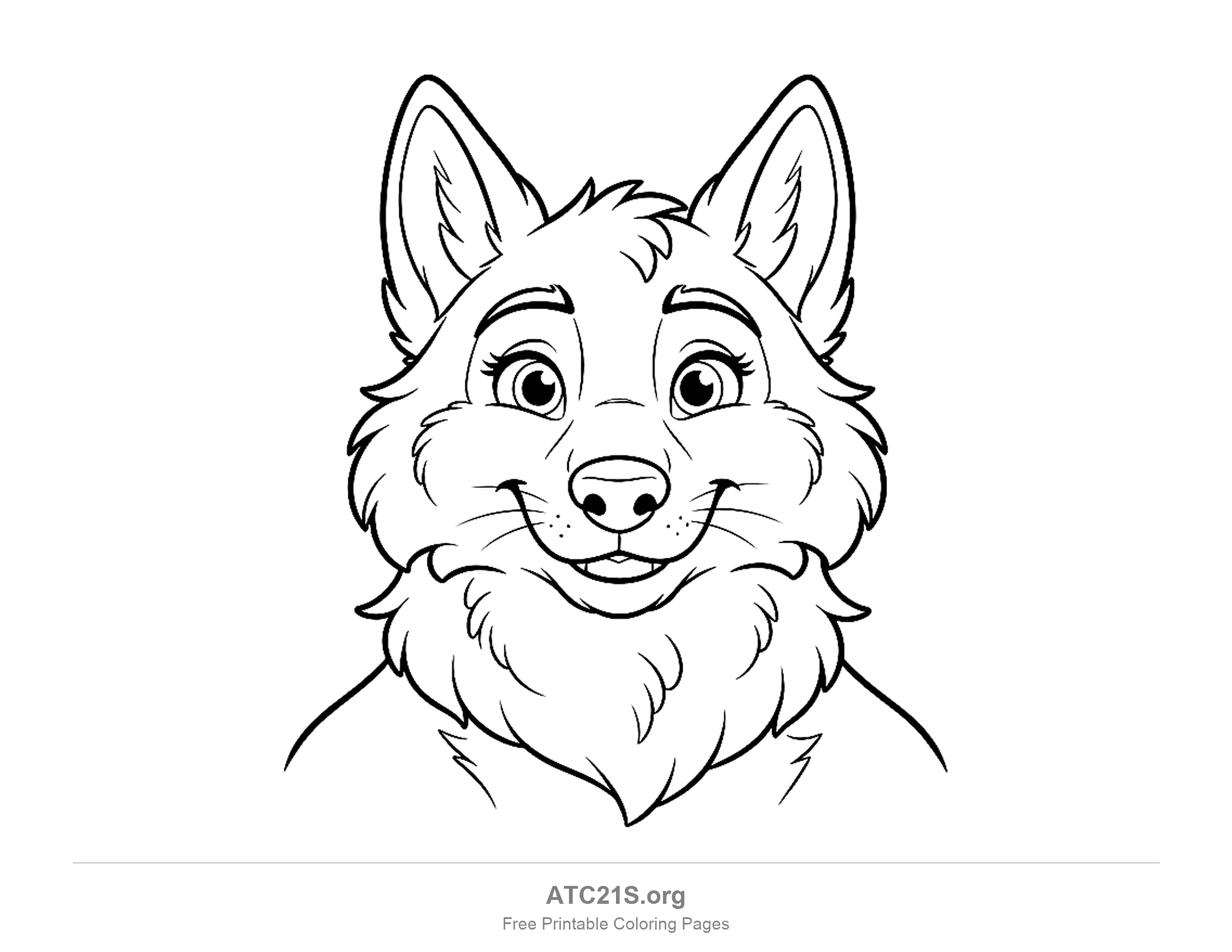 Close-up wolf face with pointed ears, a fluffy ruff and whiskers, detailed coloring page for older kids