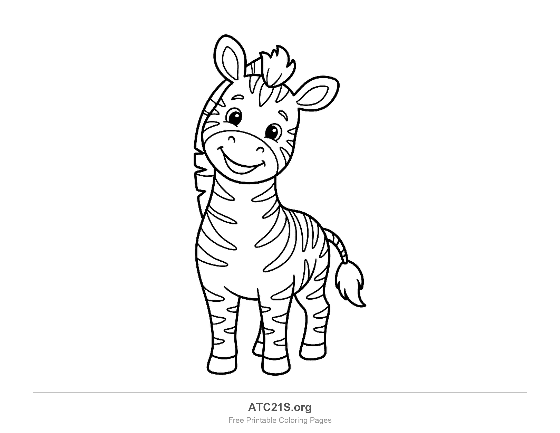 Cute cartoon zebra standing and facing forward with large eyes, a tuft of hair and simple stripes, simple coloring page for preschoolers