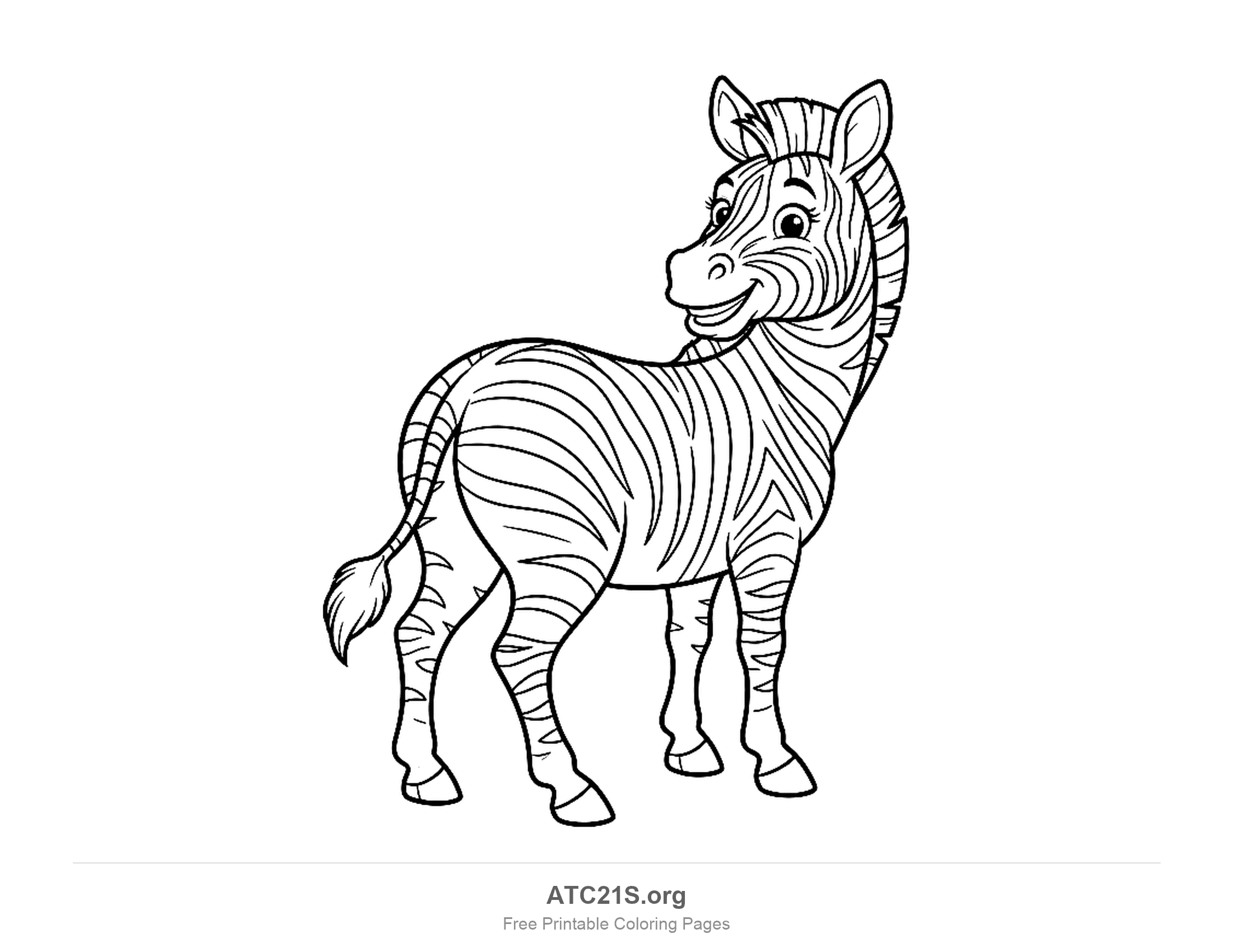 Smiling cartoon zebra standing and looking back over its shoulder with a tufted tail, printable coloring page