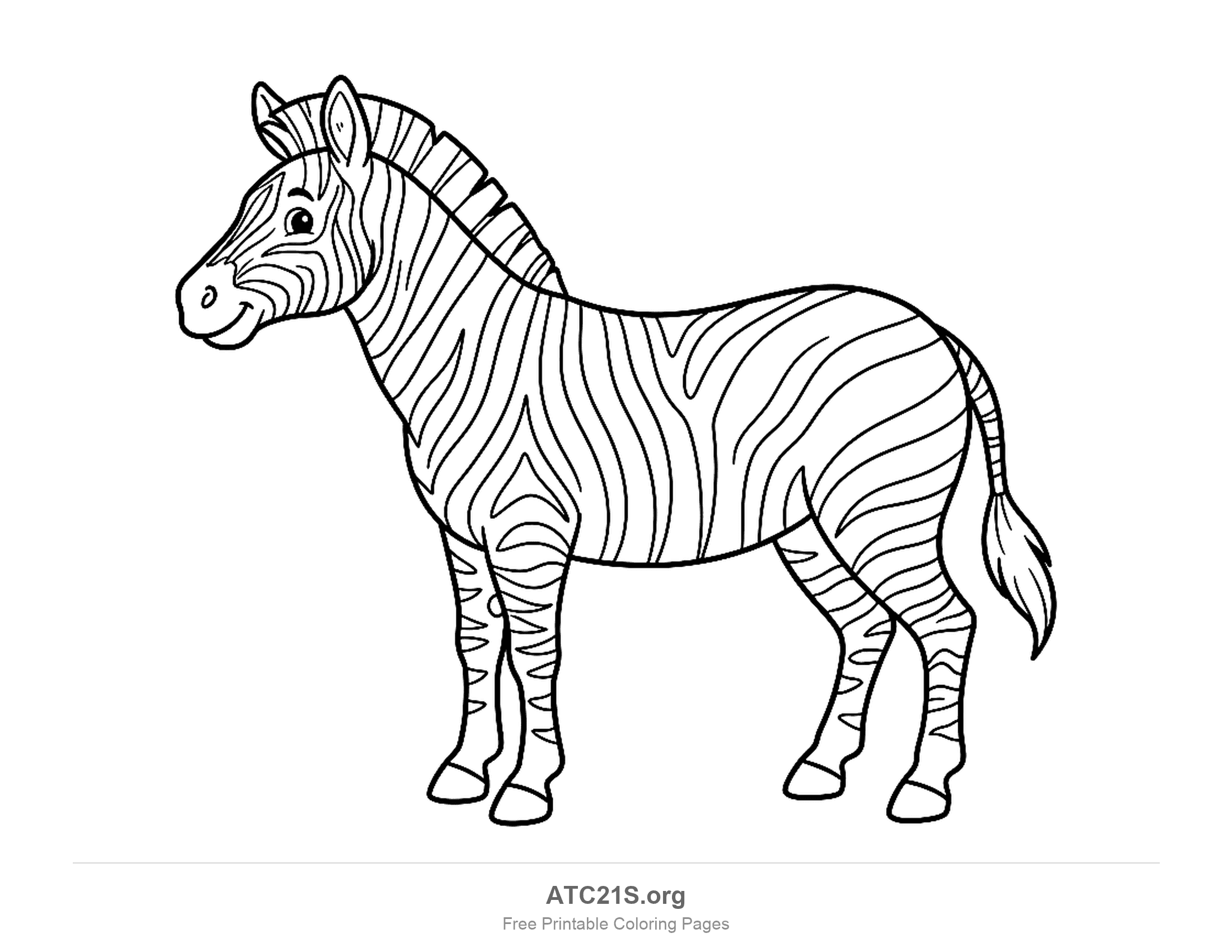 Zebra standing still in side view facing left with a short upright mane and full stripe pattern, coloring page to print